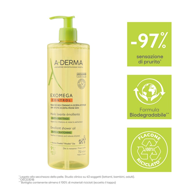 A-Derma Exomega Control Olio lavante emolliente  “anti-grattage”, pelle secca a tendenza atopica, 750ml  