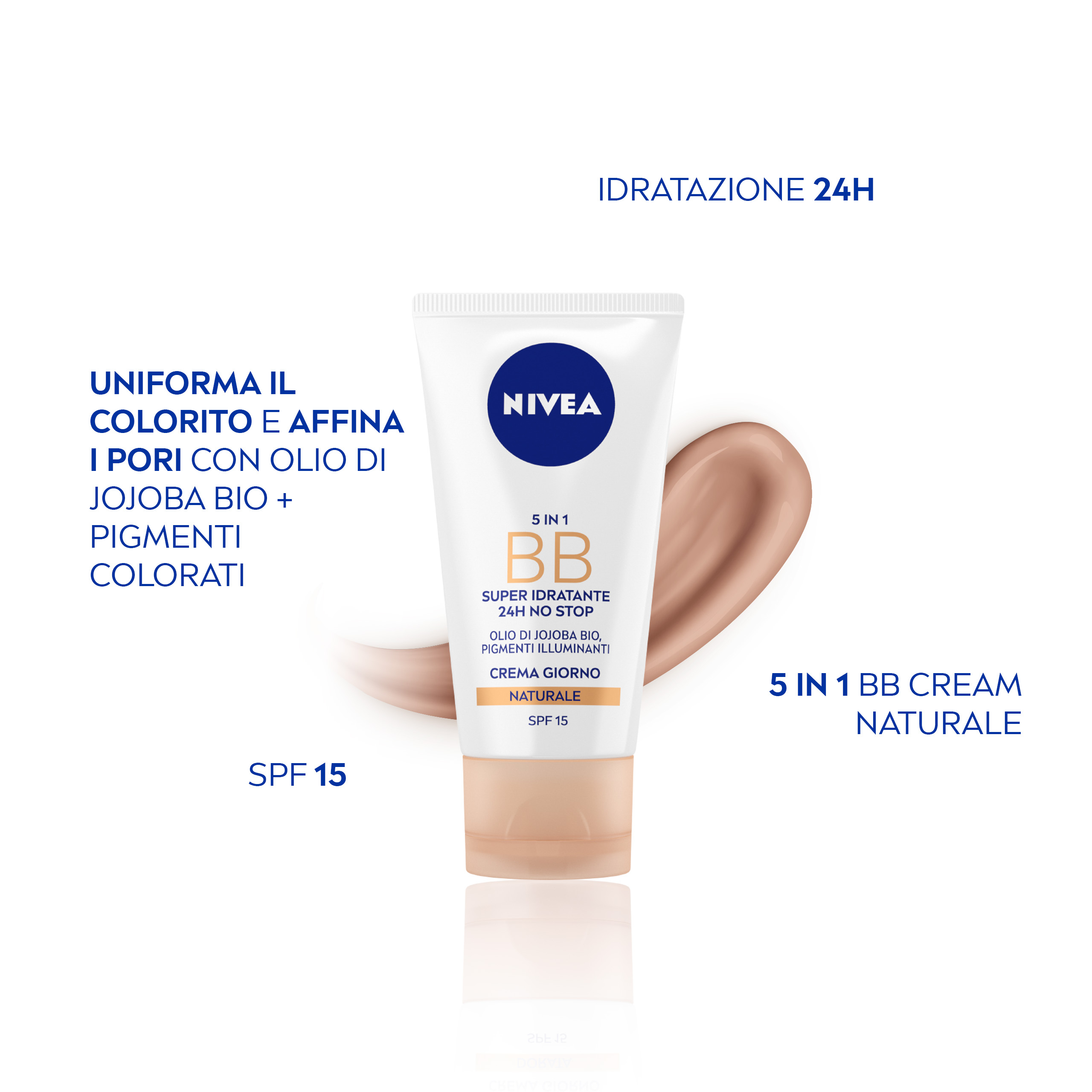 Nivea 5 in 1 BB Cream Super Idratante 24H No Stop Naturale 50 ml, Crema viso colorata con SPF15