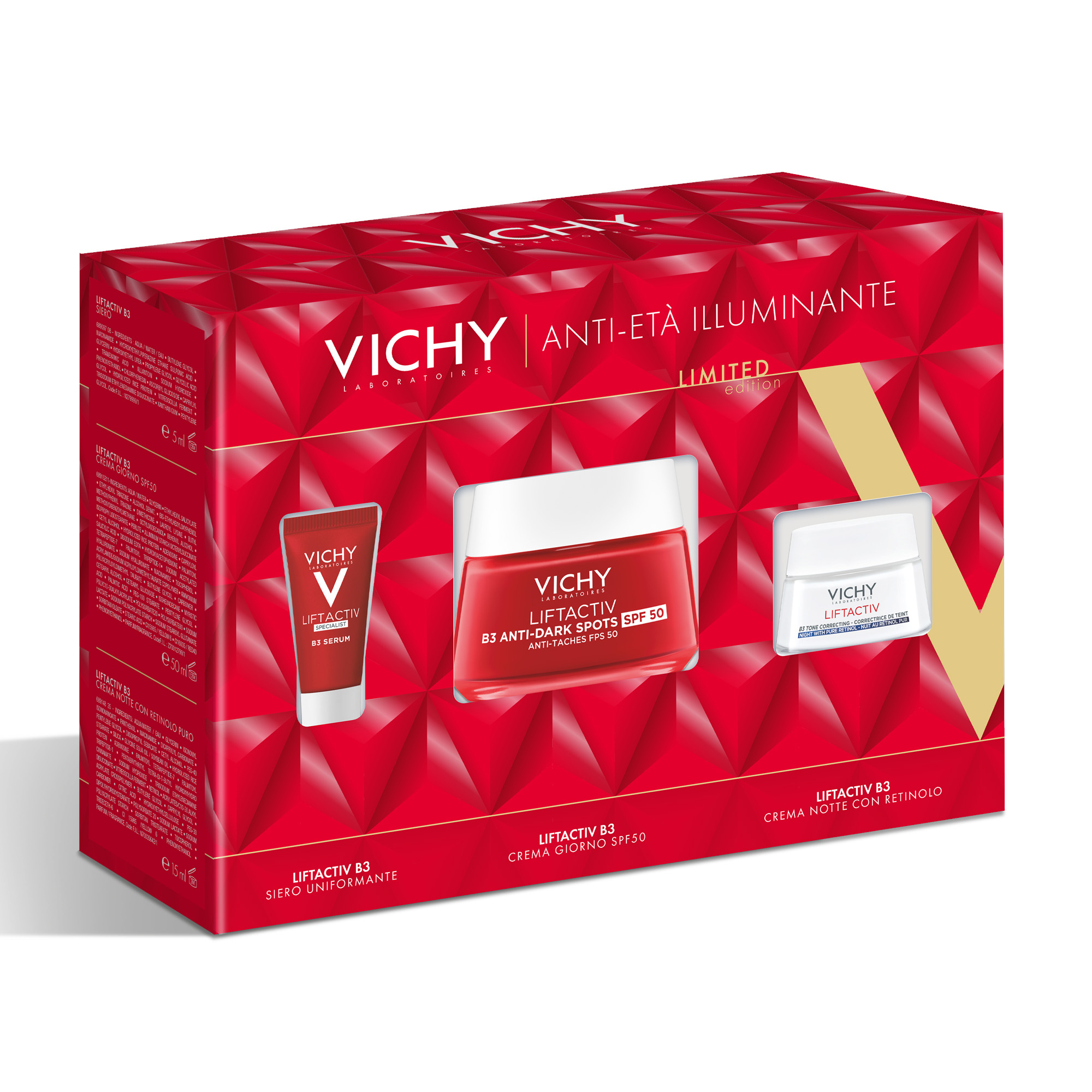 Vichy Cofanetto Regalo per una Pelle Luminosa Anti-Macchie con Liftactiv B3 Anti-macchie Siero 5 ml + Liftactiv B3 Crema Giorno SPF50 50 ml + Liftactiv B3 Crema Notte con Retinolo Puro 15 ml