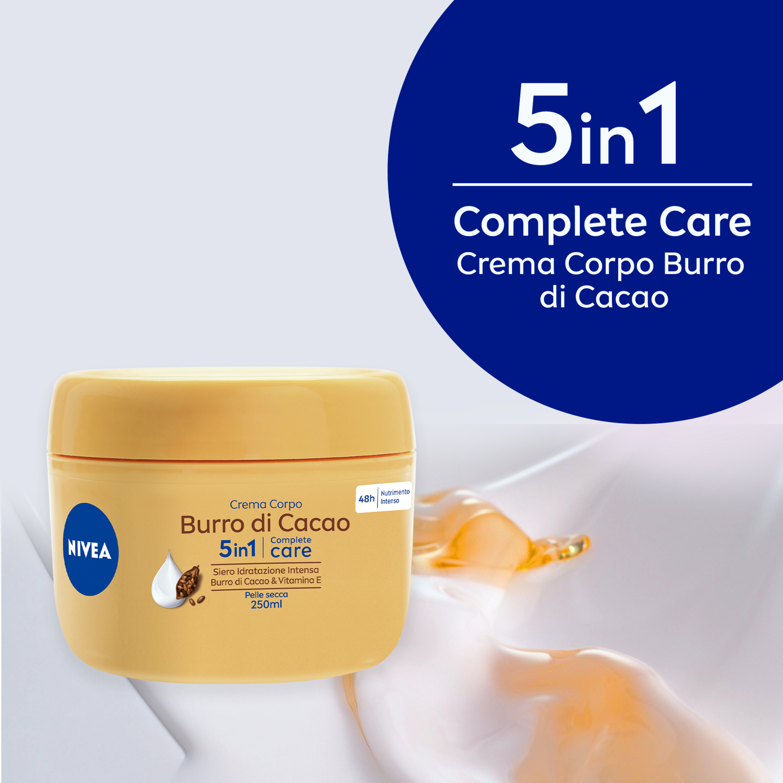 Nivea Crema Corpo Burro di Cacao 250 ml, Crema corpo idratante 48 ore per pelle secca arricchita