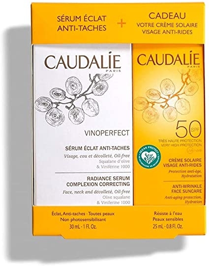 Caudalie Vinoperfect siero illuminante anti-macchie 30ml COFANETTO PROMO CON Solare Viso Anti-Rughe SPF50 in regalo