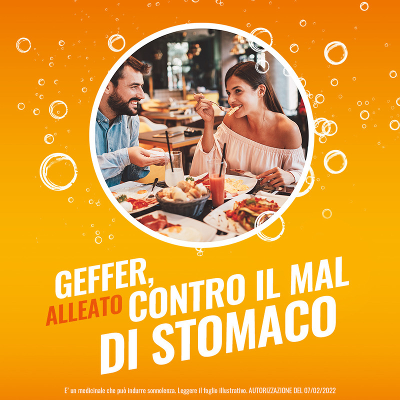 Geffer Granulato Effervescente, per Iperacidità, Dolore e Bruciore di stomaco,  favorisce la Digestione, contrasta Nausea, Gonfiore e Meteorismo, Gusto Arancia, 24 Bustine