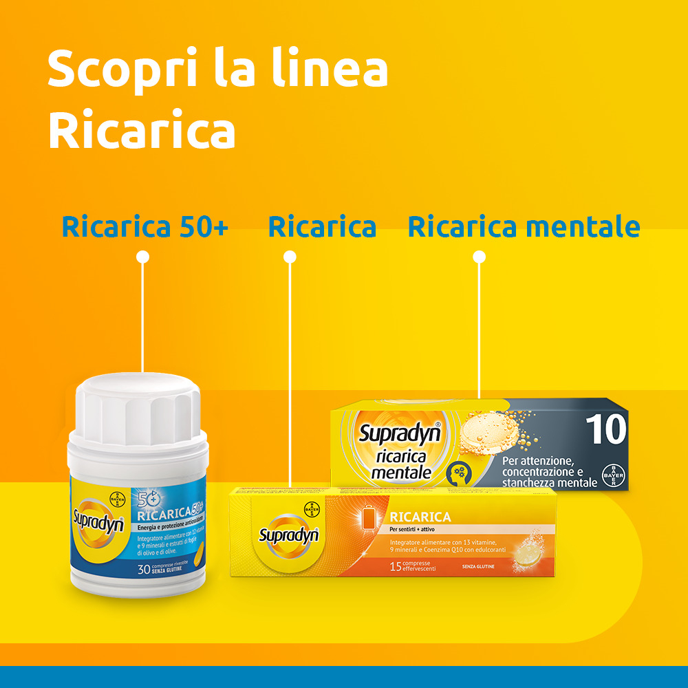 Supradyn Ricarica 50+ Integratore Multivitaminico con Vitamina C, Vitamina D, Minerali, Antiossidanti contro la Stanchezza Fisica e invecchiamento, Gusto Arancia, 30 Compresse Rivestite
