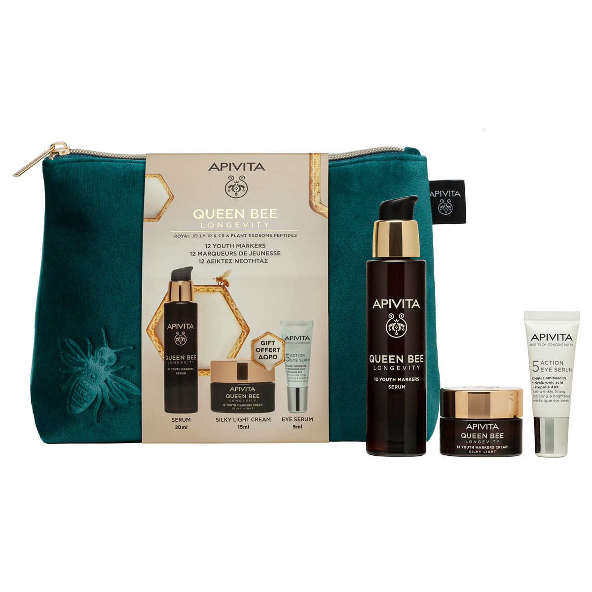 Apivita Queen Bee Longevity Cofanetto Regalo - Crema Leggera Setosa 15 ml + Siero 30 ml + 5 Aciton Siero Occhi 5 ml