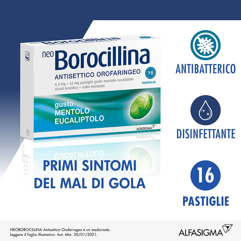 NeoBorocillina Antisettico Orofaringeo 6,4+52 mg Gusto Mentolo Eucaliptolo 16 Pastiglie
