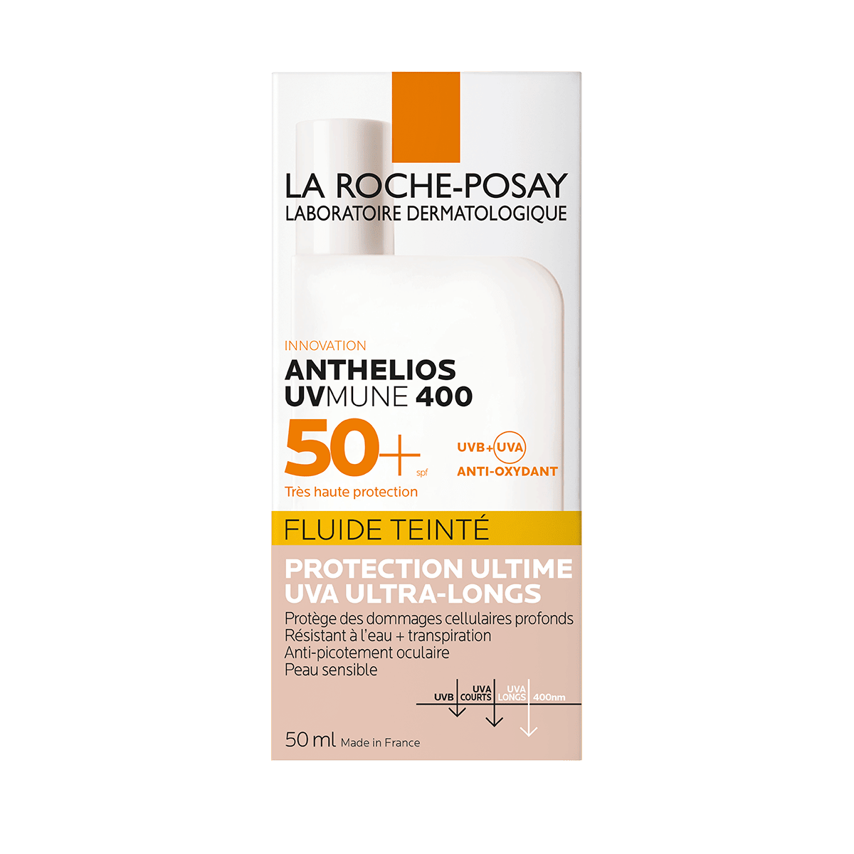 La Roche-Posay Anthelios UVMune 400 Fluido Invisibile Colorato SPF50+ 50 ml. Protezione contro i raggi UVA ultra-lunghi.