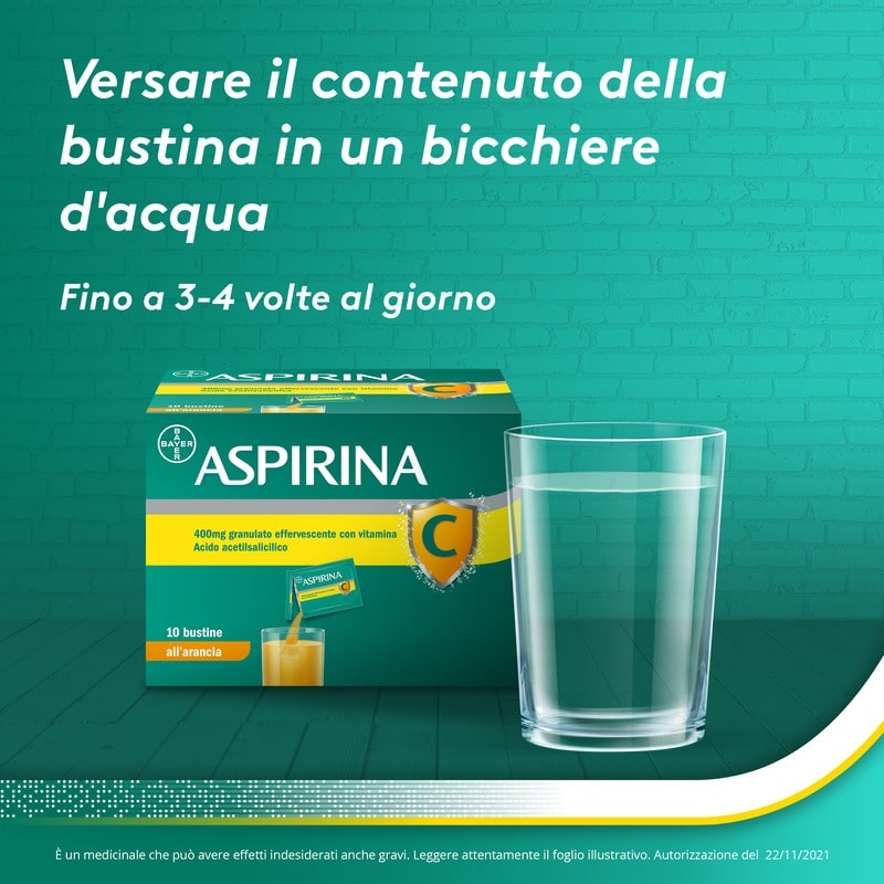 Aspirina C, contro sintomi di Raffreddore, Influenza e Febbre, 400 mg di Acido Acetilsalicilico + 240 mg di Vitamina C, antinfiammatorio e analgesico, Gusto Arancia, 10 Bustine
