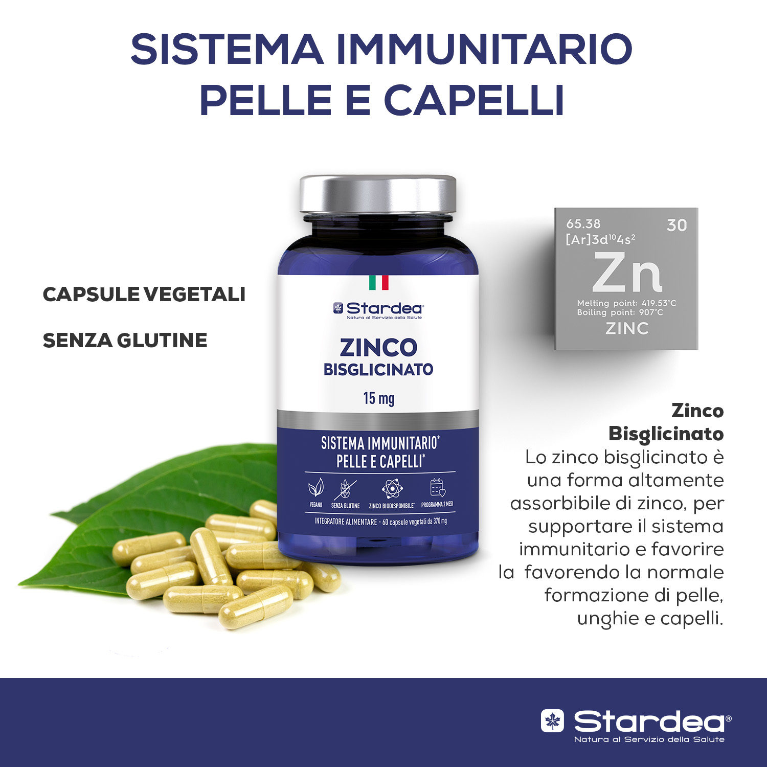 STARDEA ZINCO BISGLICINATO 15 MG - INTEGRATORE ALIMENTARE per il SISTEMA IMMUNITARIO e per il benessere di PELLE E CAPELLI