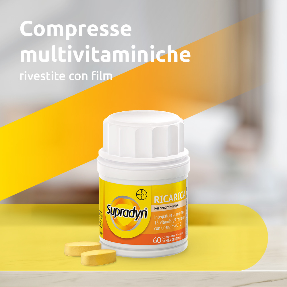 Supradyn Ricarica Integratore Multivitaminico Completo con Vitamine A, B, C, D, E, K, Minerali e Coenzima Q10 contro la Stanchezza, Gusto Arancia, 60 Compresse Rivestite