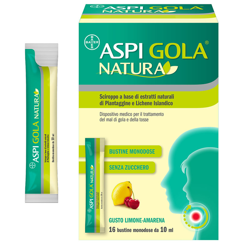 Aspi Gola Natura Sciroppo, con estratti naturali di piantaggine e Lichene Islandico, contro Mal di Gola e Tosse associata, Gusto Limone e Amarena, 16 Bustine Monodose da 10ml