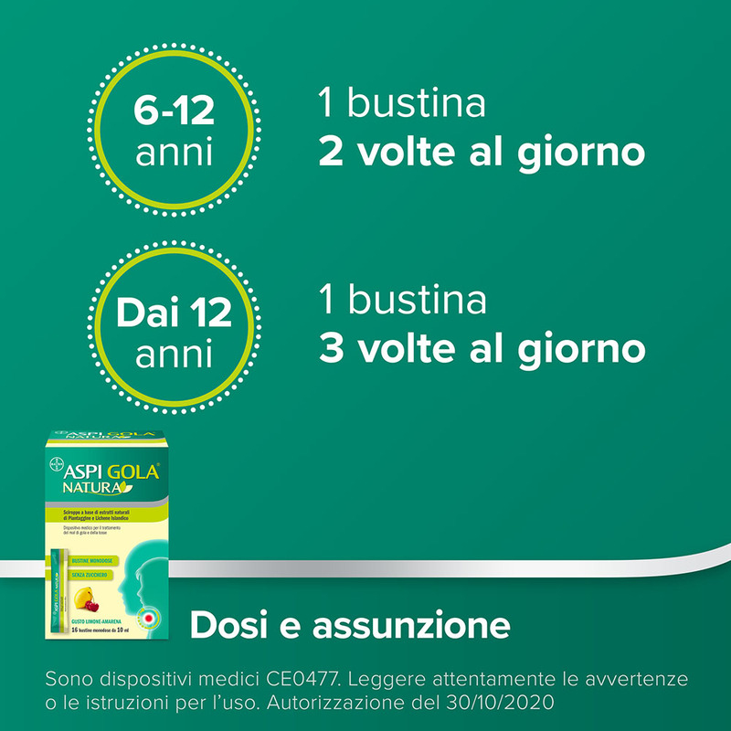 Aspi Gola Natura Sciroppo, con estratti naturali di piantaggine e Lichene Islandico, contro Mal di Gola e Tosse associata, Gusto Limone e Amarena, 16 Bustine Monodose da 10ml