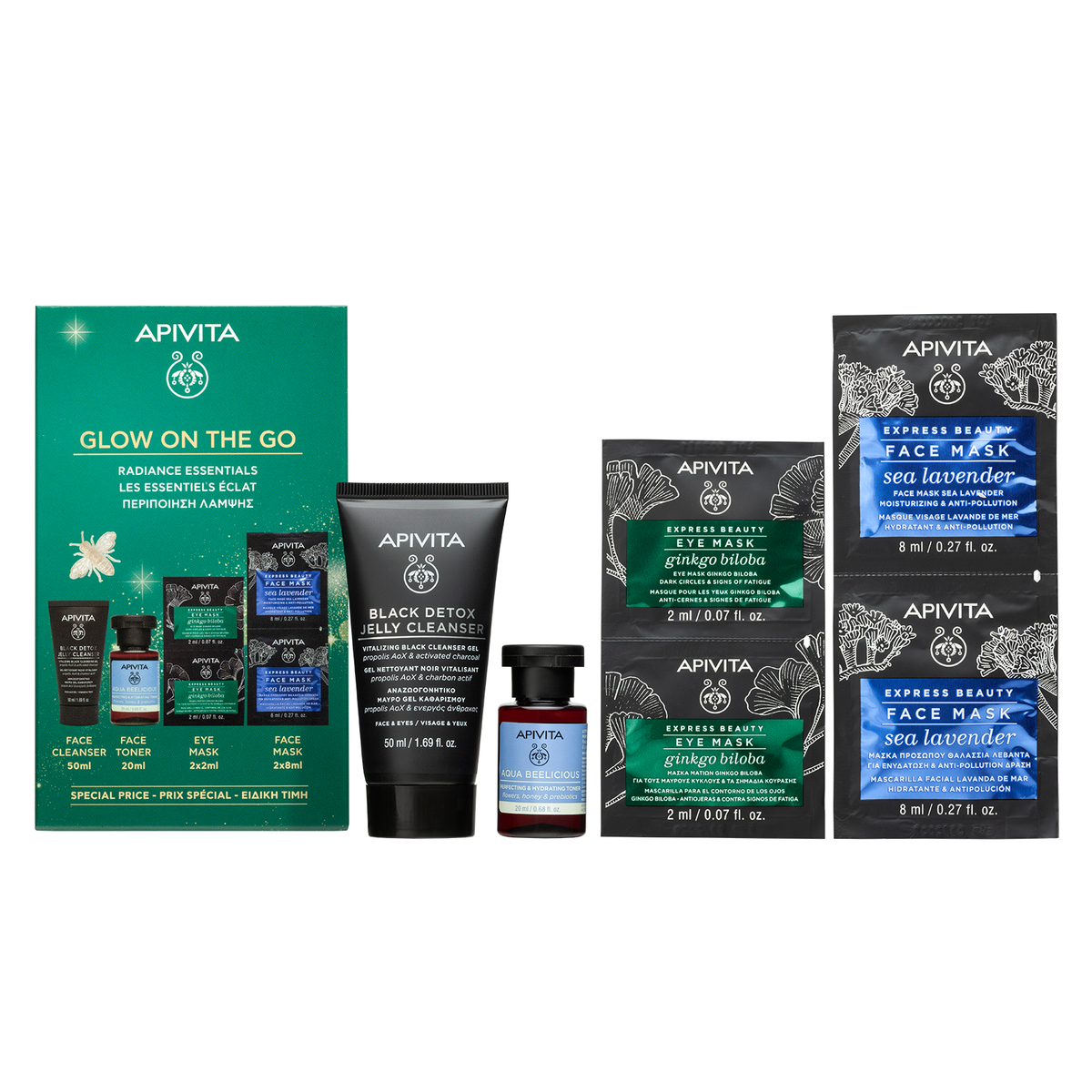 Apivita Glow On The Go Cofanetto Regalo - Gel Detergente 50 ml + Tonico Perfezionatore Idratante 20 ml + 2 Maschere Occhi + 2 Maschere Viso