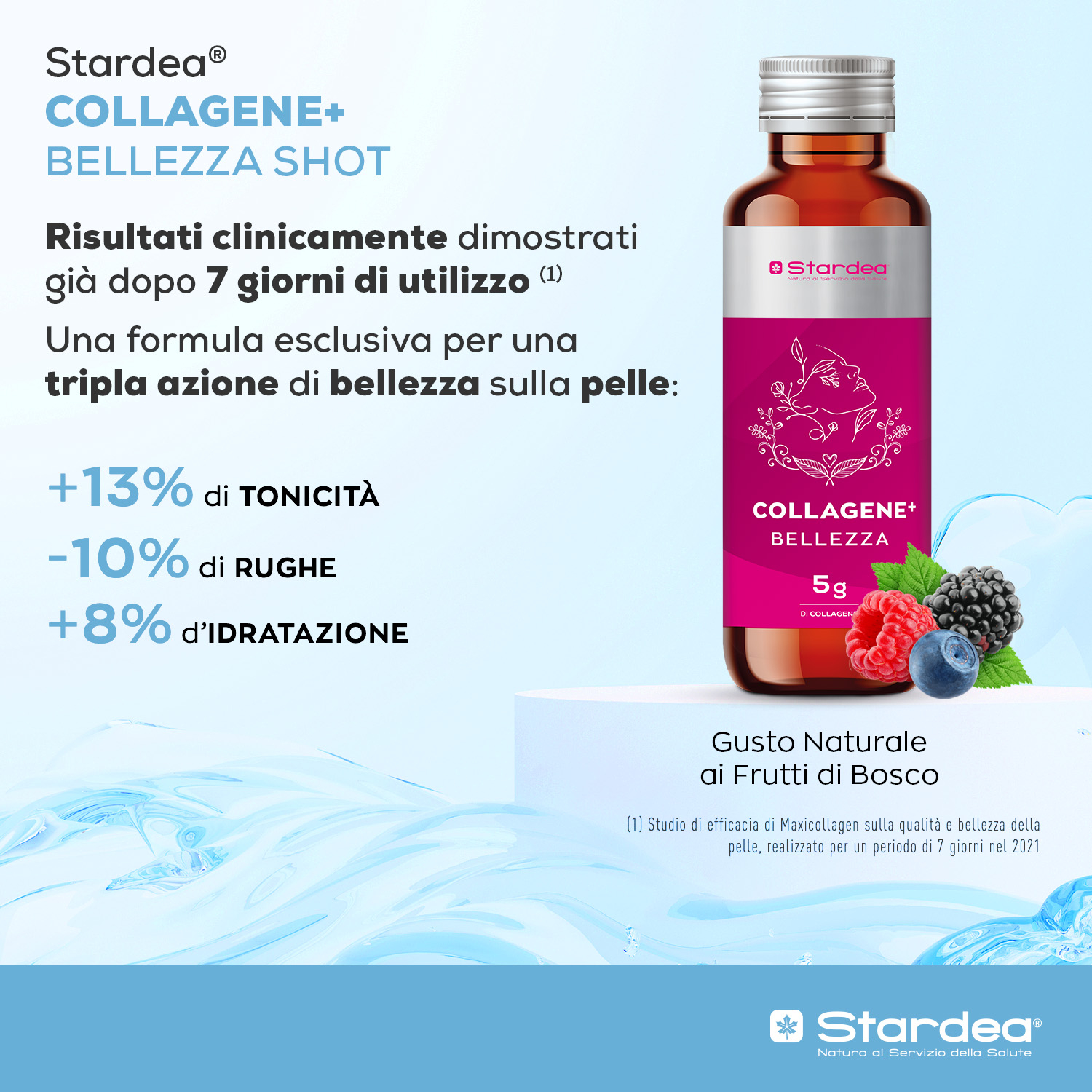 STARDEA COLLAGENE + BELLEZZA SHOT DA BERE - Integratore da bere a base di 5g di collagene Marino di tipo 1 e Acido Ialuronico - 8 shots da 50 ml