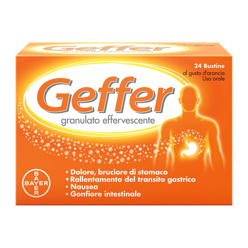 Geffer Granulato Effervescente, per Iperacidità, Dolore e Bruciore di stomaco,  favorisce la Digestione, contrasta Nausea, Gonfiore e Meteorismo, Gusto Arancia, 24 Bustine