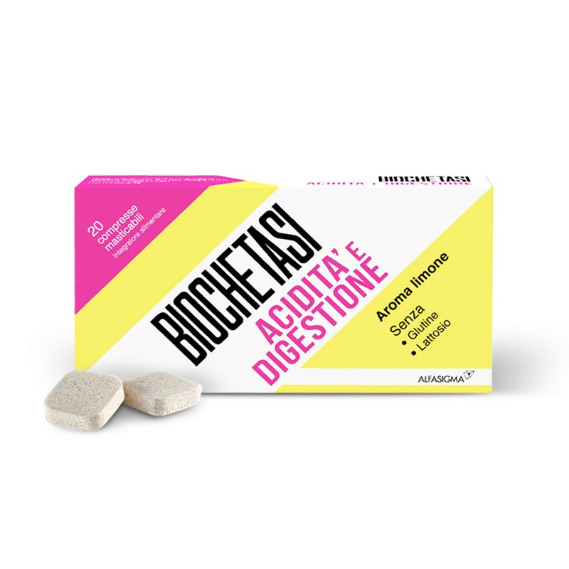 BIOCHETASI  Digestione e Acidità contro sintomi del reflusso, acidità e bruciore di stomaco - 20 compresse masticabili
