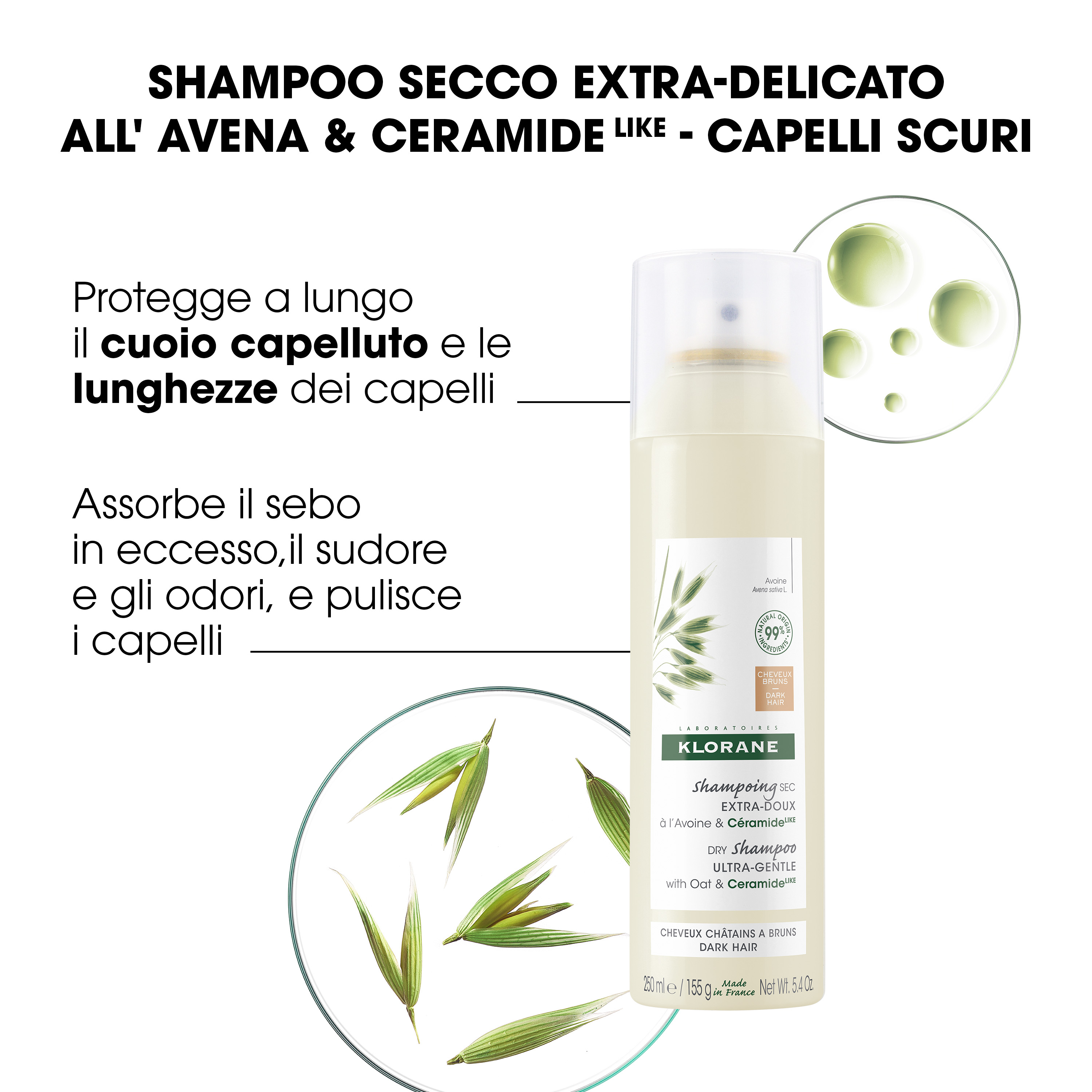 Klorane Shampoo Secco Extra-Delicato all'Avena & Ceramide Capelli Scuri 150ml