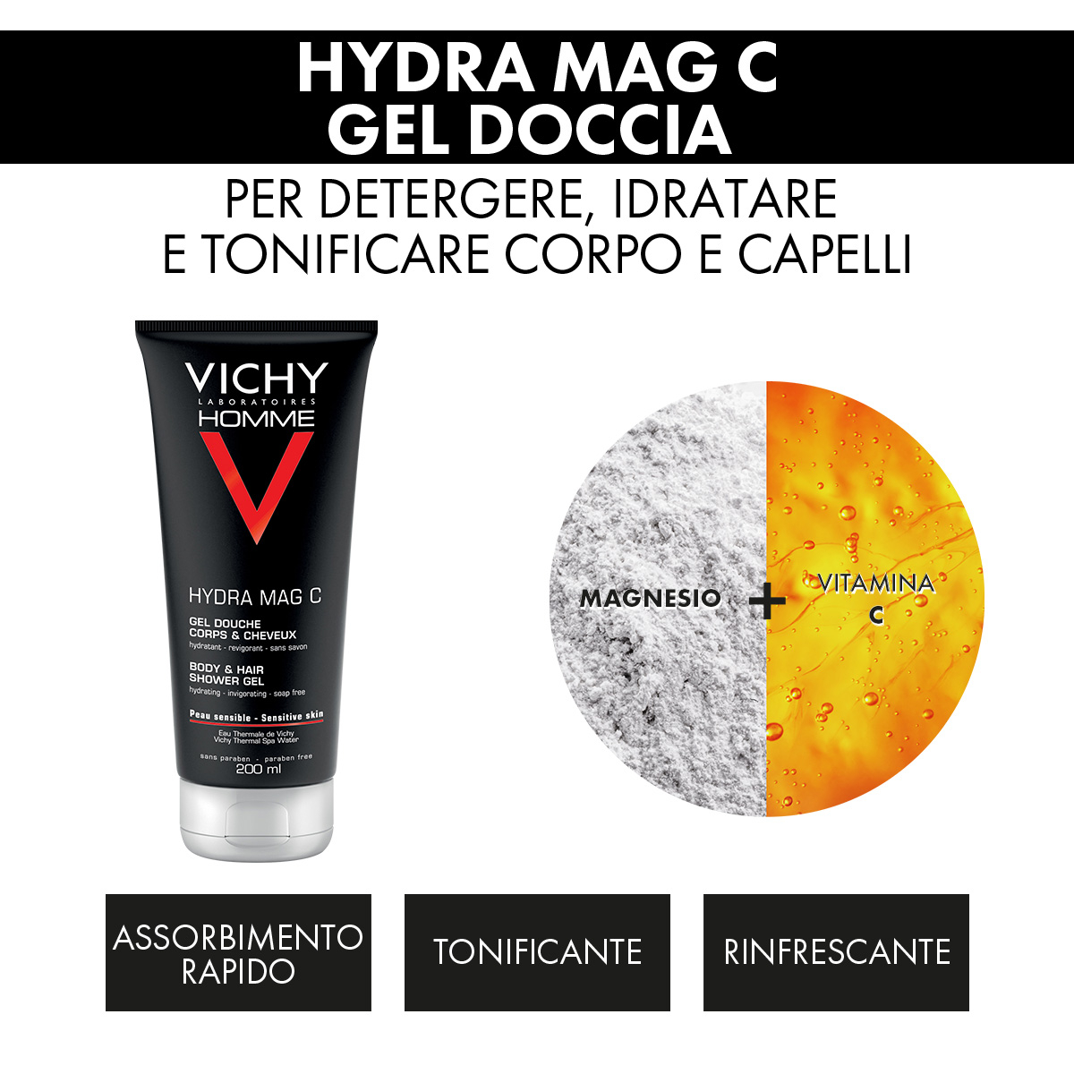 Vichy Cofanetto Regalo Natale Uomo Hydra Mag C Gel Doccia 200 ml + Sensi Shave Schiuma da Barba 20 ml