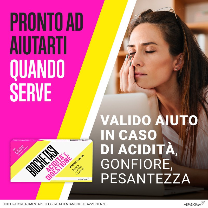 BIOCHETASI  Digestione e Acidità contro sintomi del reflusso, acidità e bruciore di stomaco - 20 compresse masticabili