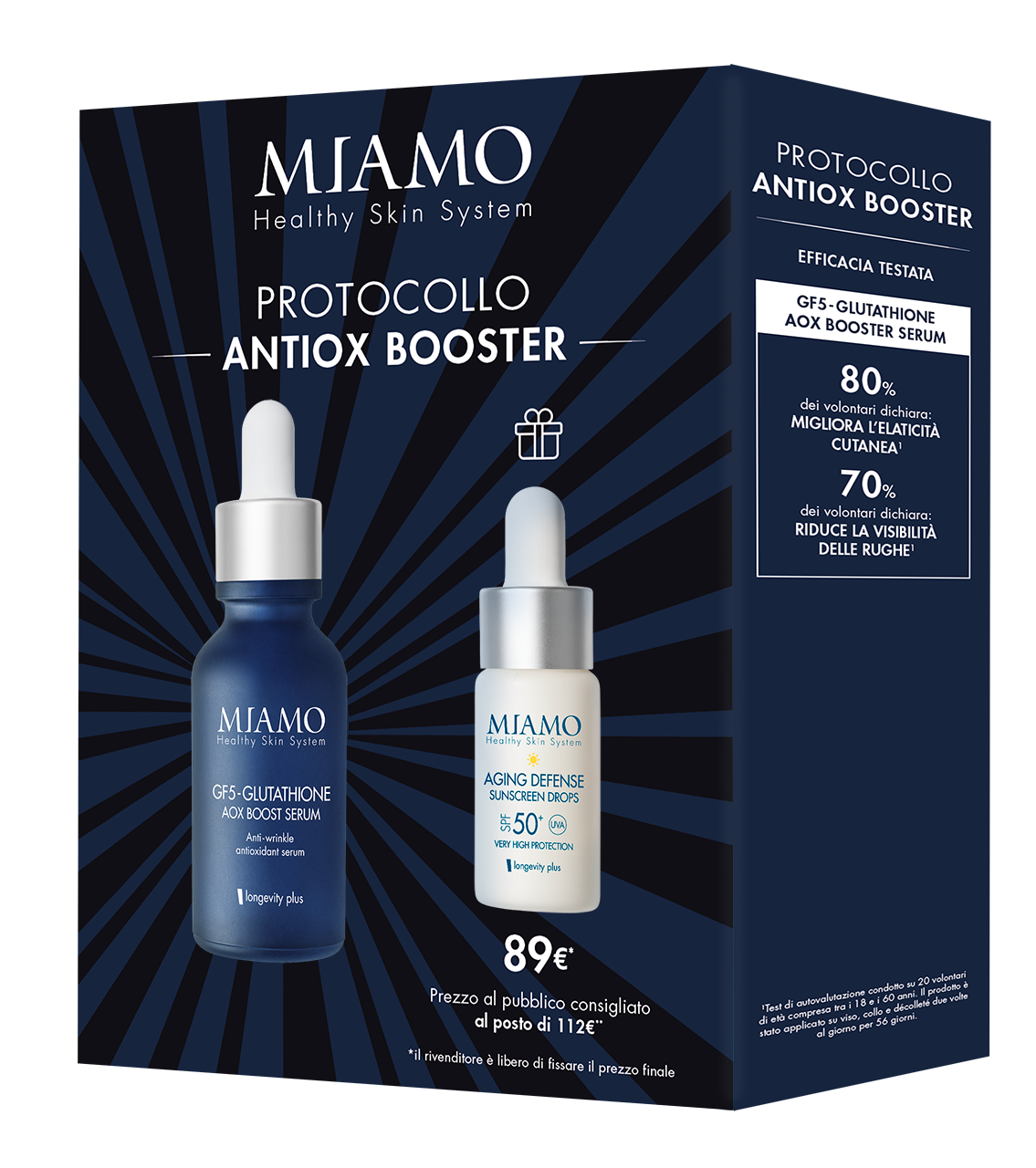 PROTOCOLLO ANTIOX BOOSTER  -  Cofanetto con GF5-GLUTATHIONE AOX BOOST SERUM 30 m + SIERO AGING DEFENSE SUNSCREEN DROPS SPF 50+ 10ml 