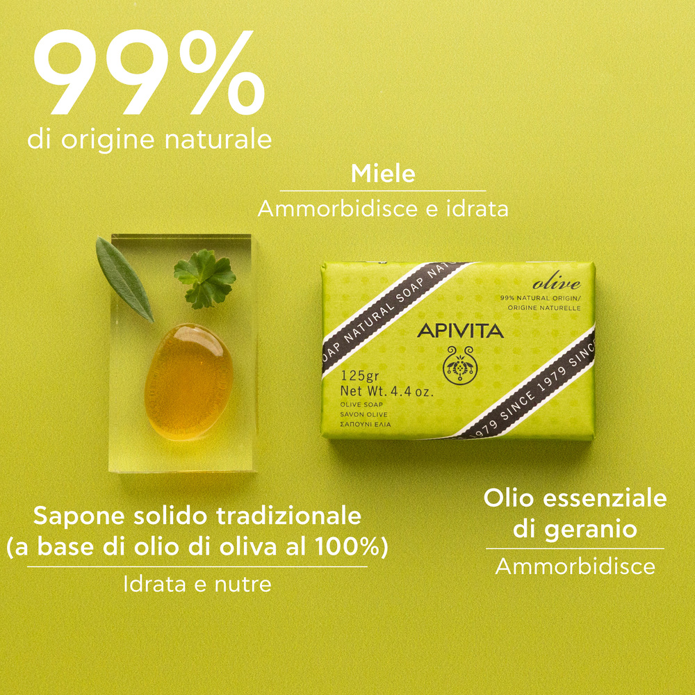 Apivita Natural Soap - Sapone Naturale Solido Mani E Corpo All'Oliva Per Pelle Secca 125 g