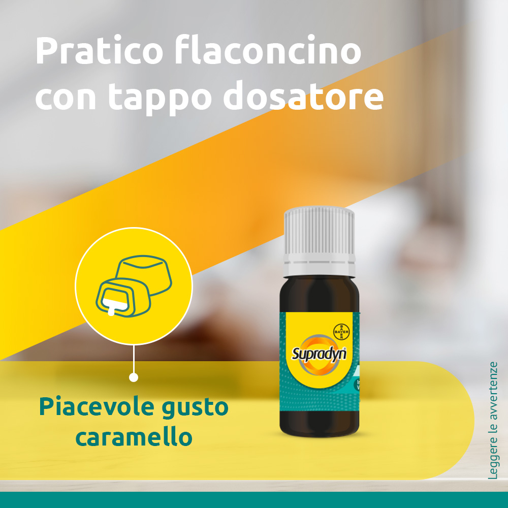 Supradyn Difese 50+ Integratore Multivitaminico  con Vitamina B12, Zinco, Niacina e Probiotici, per il Sistema Immunitario, Gusto Caramello, 10 Flaconcini da 10 ml