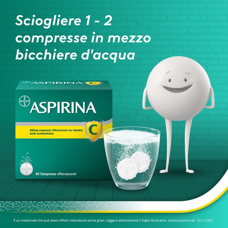 Aspirina C, contro sintomi di Raffreddore, Influenza e Febbre, 400 mg di Acido Acetilsalicilico + 240 mg di Vitamina C, antinfiammatorio e analgesico, 40 Compresse Effervescenti