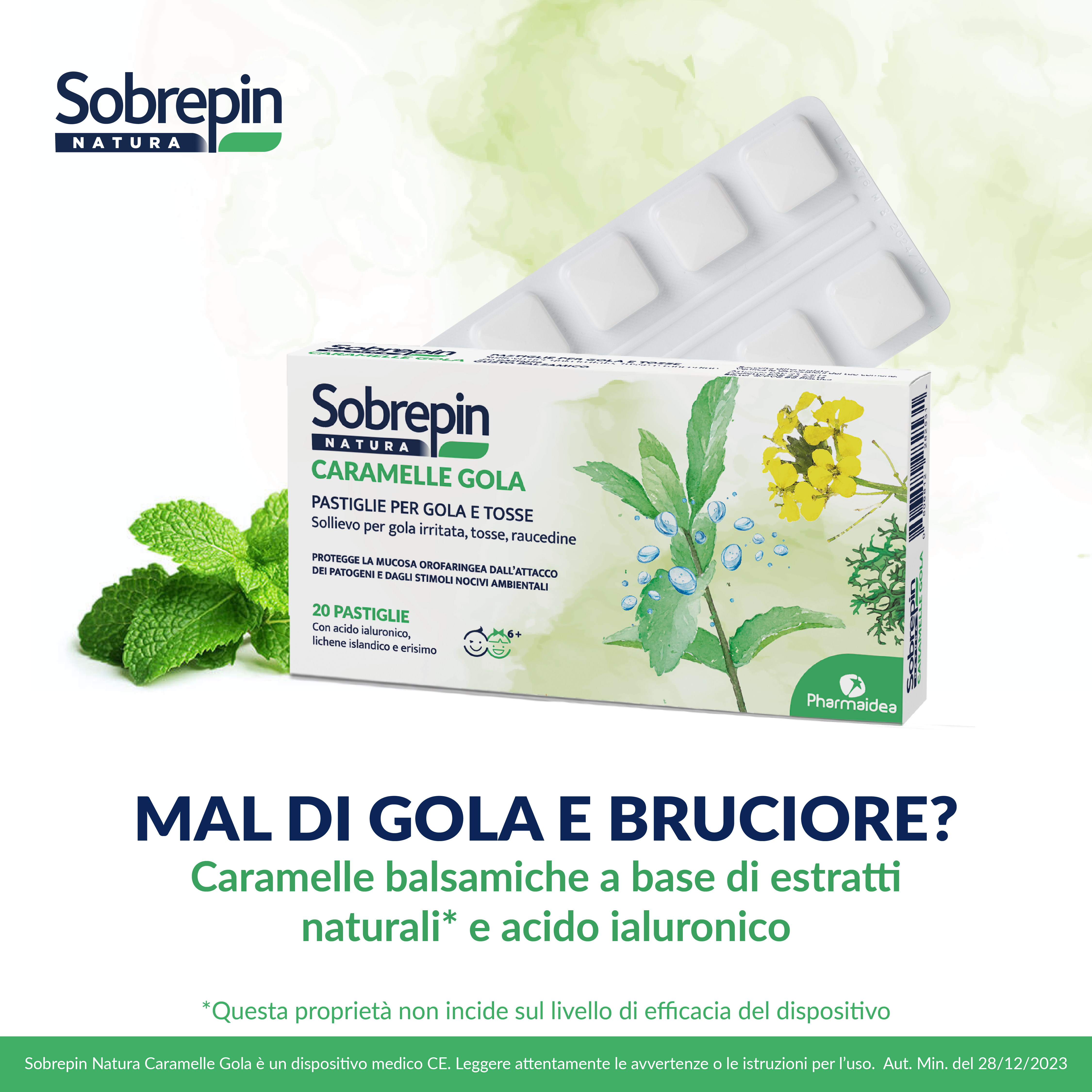 SOBREPIN NATURA CARAMELLE GOLA E TOSSE CON ESTRATTI NATURALI 20 PASTIGLIE GUSTO BALSAMICO