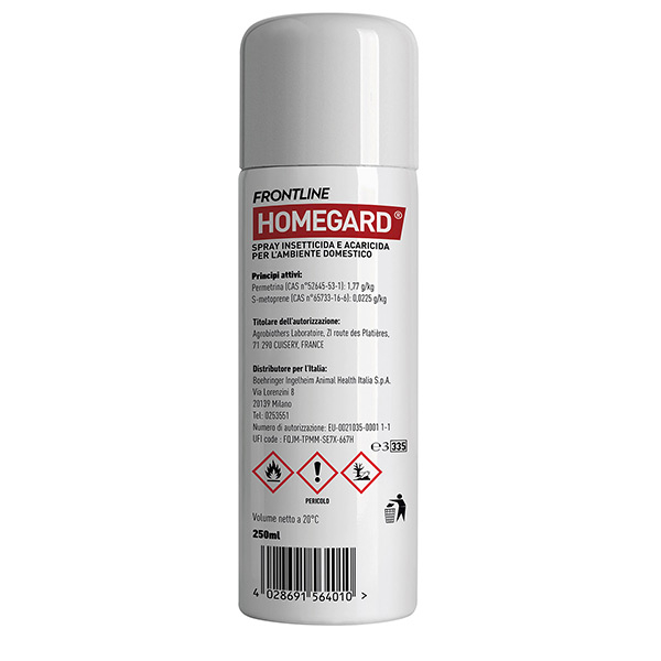 Frontline Homegard 250 ml, Spray Insetticida, Antipulci E Acaricida Per L’ambiente Domestico, Azione Rapida. Protegge Mobili e Tessuti Eliminando Pulci, Zecche, Uova e Larve fino a 6 mesi