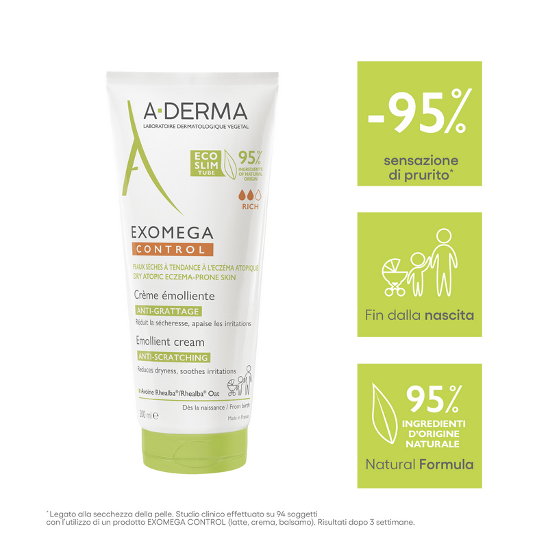A-Derma Exomega Control Crema emolliente anti-grattage, Lenisce la secchezza, gli arrossamenti e riduce le sensazioni di prurito, Pelle secca a tendenza atopica, 200ml