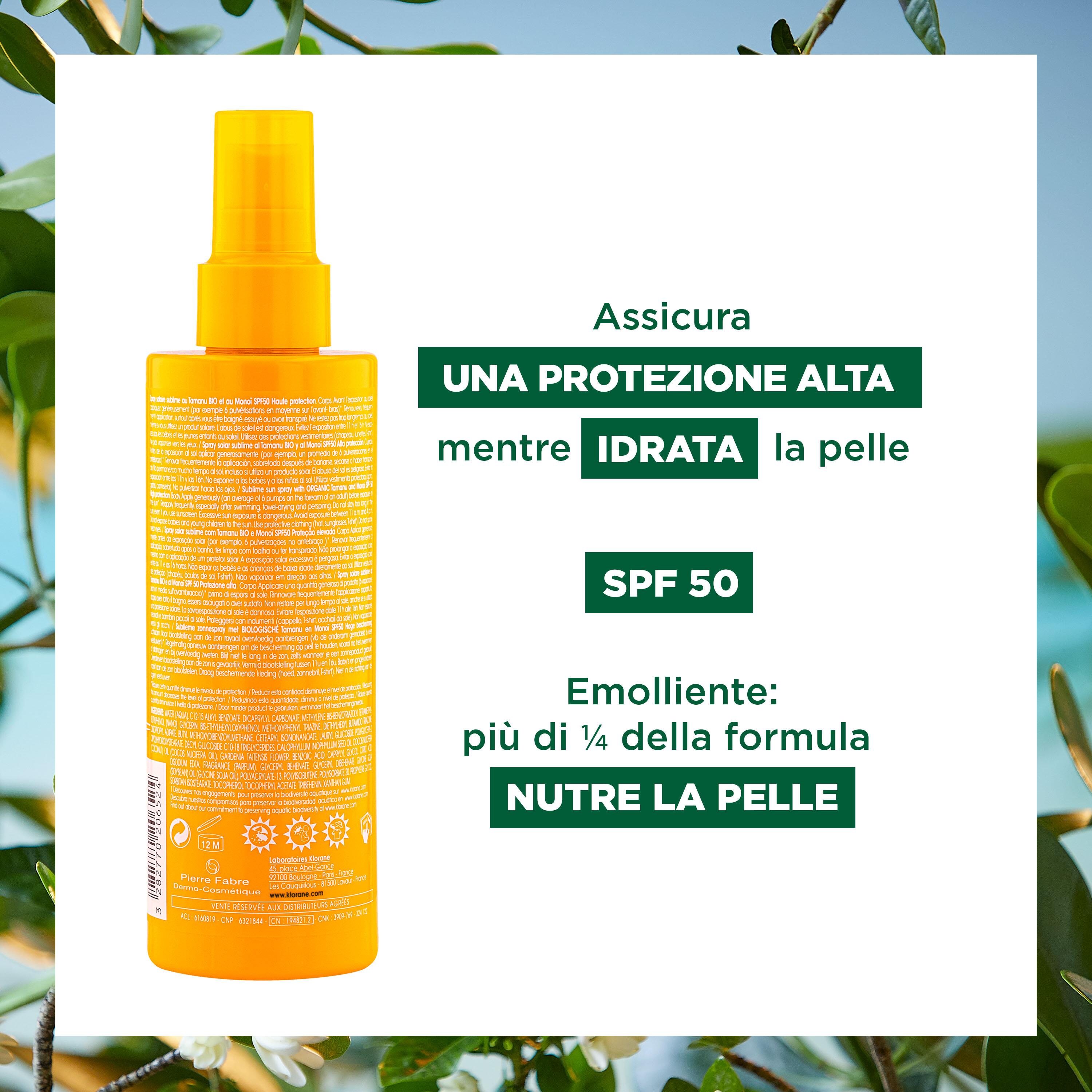 Klorane - Spray Solare Sublime SPF50 Corpo Al Monoï E Tamanu Bio 200 ml