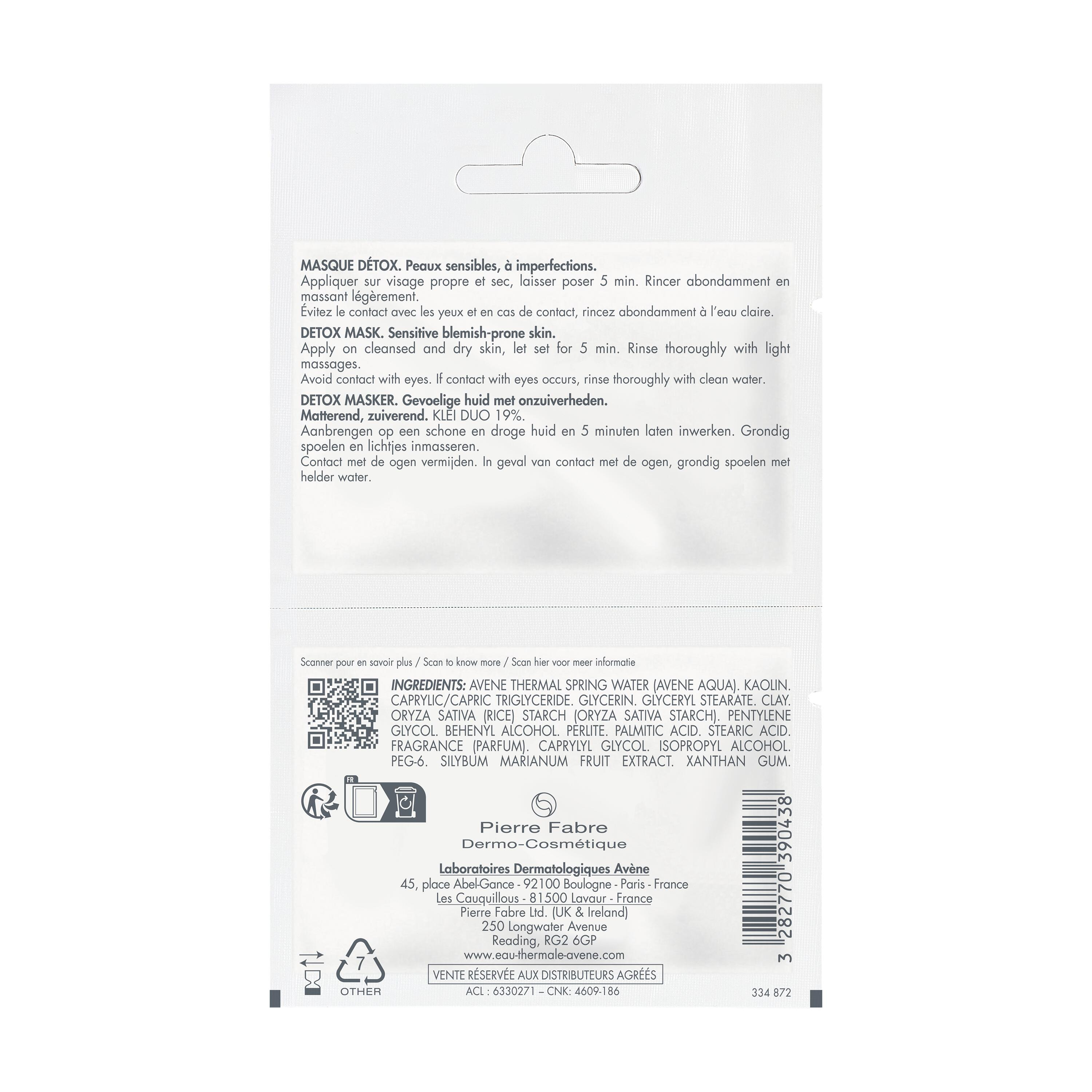 Eau Thermale Avène Cleanance Maschera Detox, Purifica, opacizza e restringe i pori, con Argilla bianca, Pelle grassa a tendenza acneica, 12ml