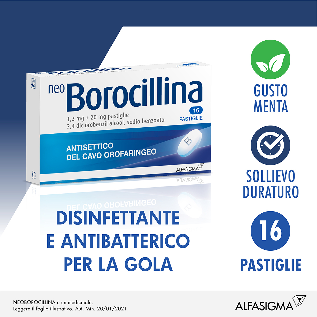 NEO BOROCILLINA 1,2 Mg + 20 Mg Antisettico Cavo Orofaringeo 16 Pastiglie