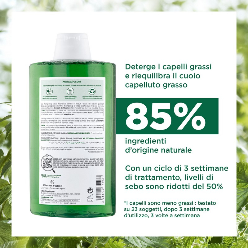 Klorane - Shampoo Seboriduttore all'Ortica purificante ed equilibrante, capelli grassi - 400ml