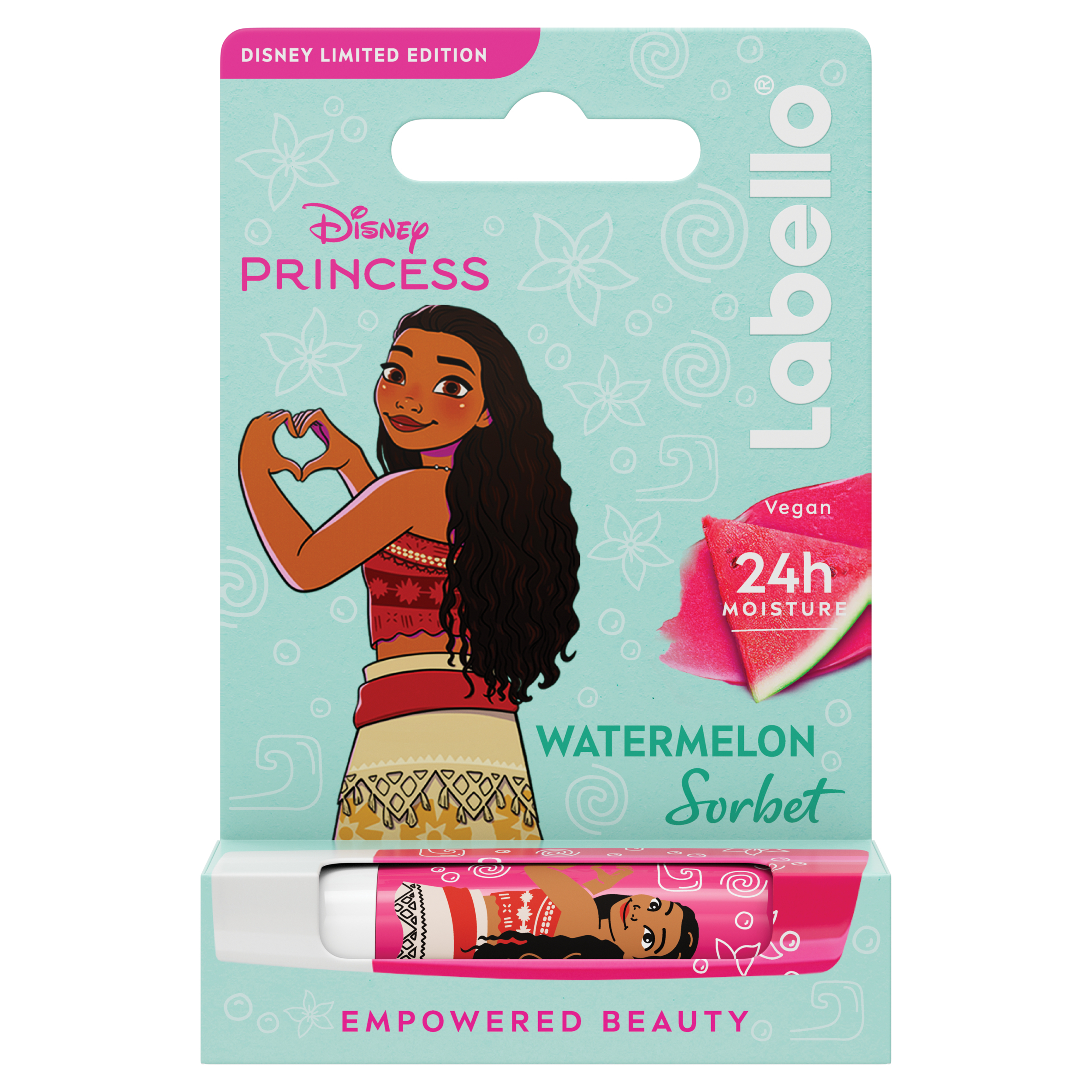 Labello Disney Princess Limited Edition - Vaiana di Oceania - Balsamo labbra colorato ad azione idratante prolungata, adatto dai 3 anni in su - Burrocacao aroma anguria, 4.8g