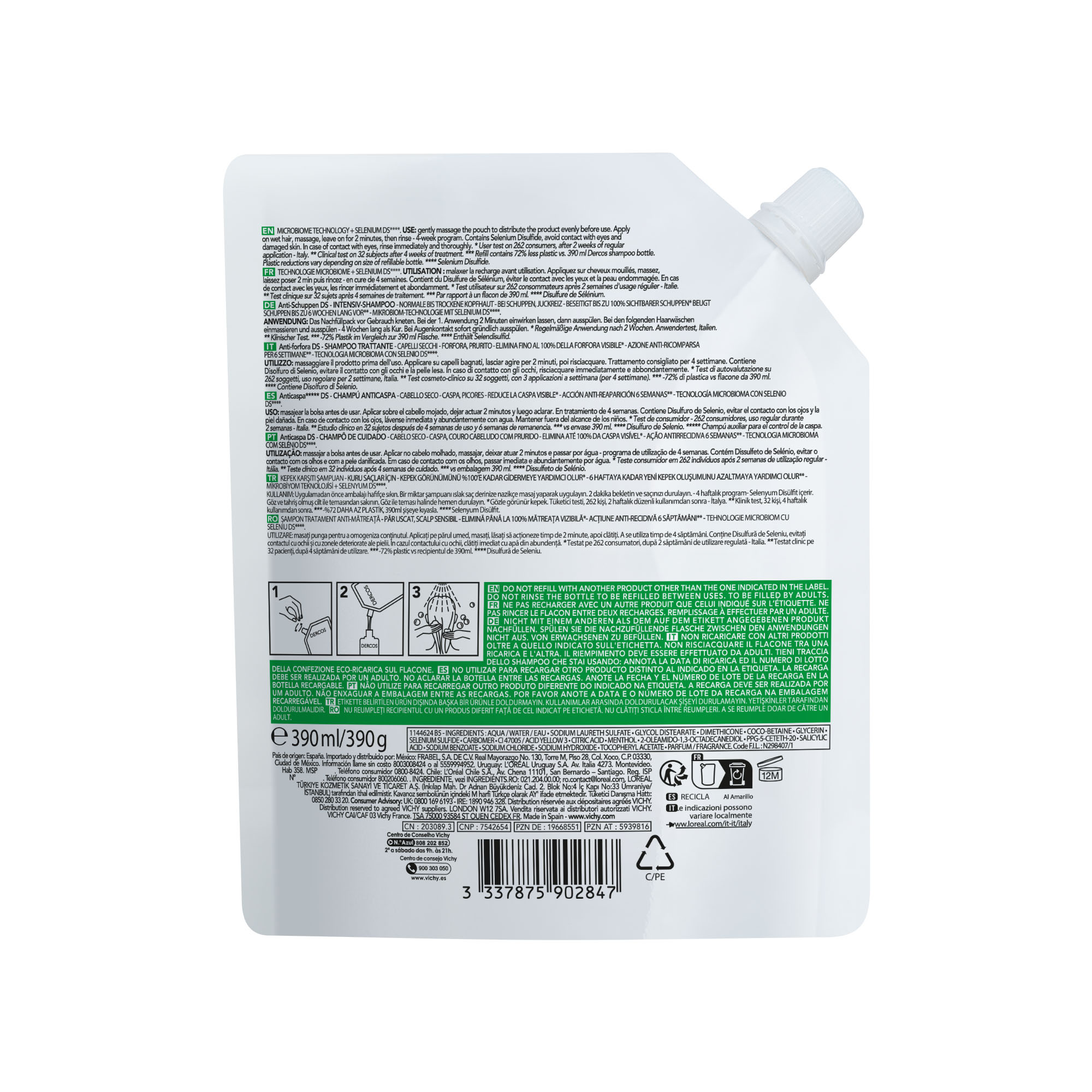 Vichy Dercos Technique - Shampoo Antiforfora Per Capelli Secchi Eco-Ricarica 390 ml