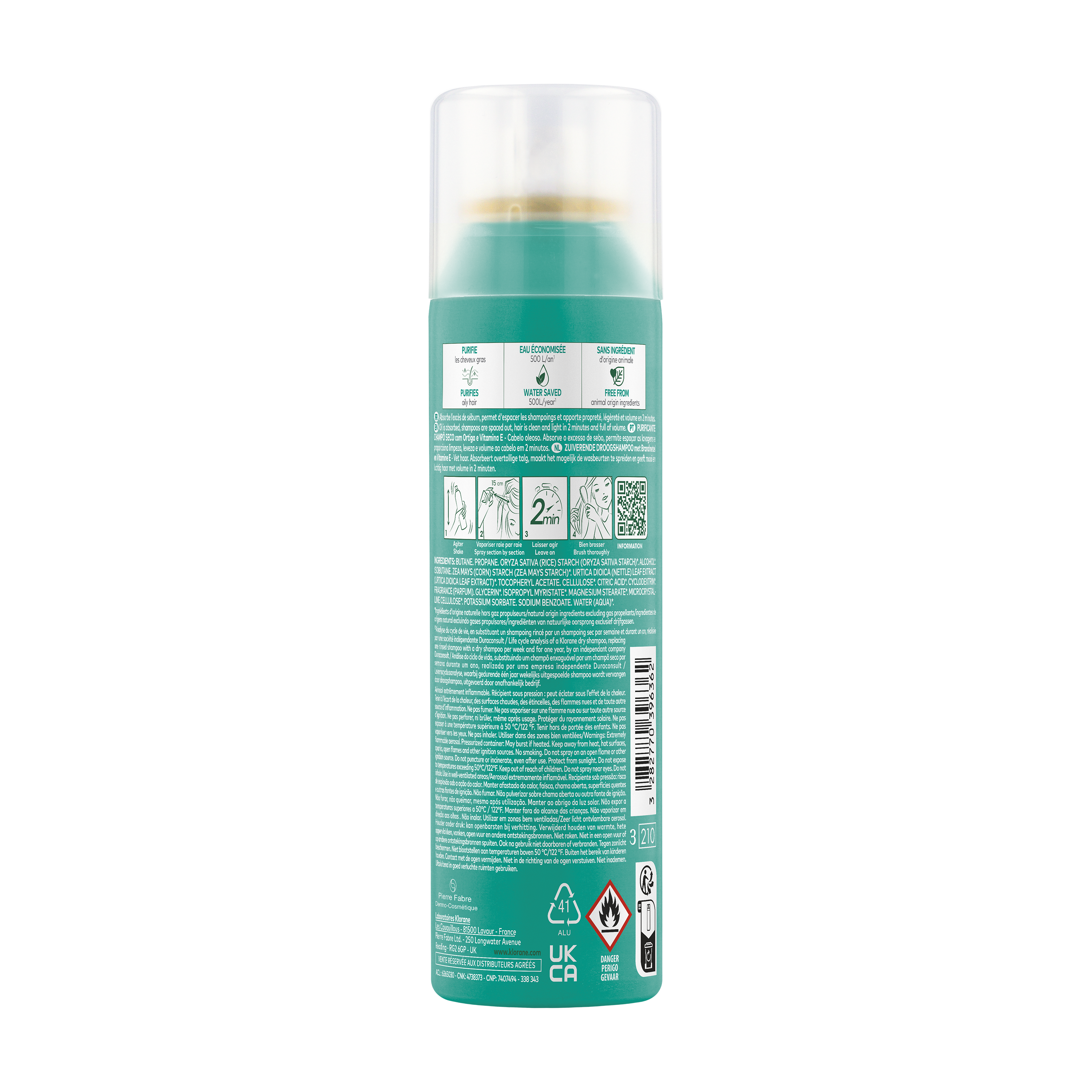 Klorane  Shampoo secco all'Ortica & Vitamina E, capelli grassi, purificante, 150ml 