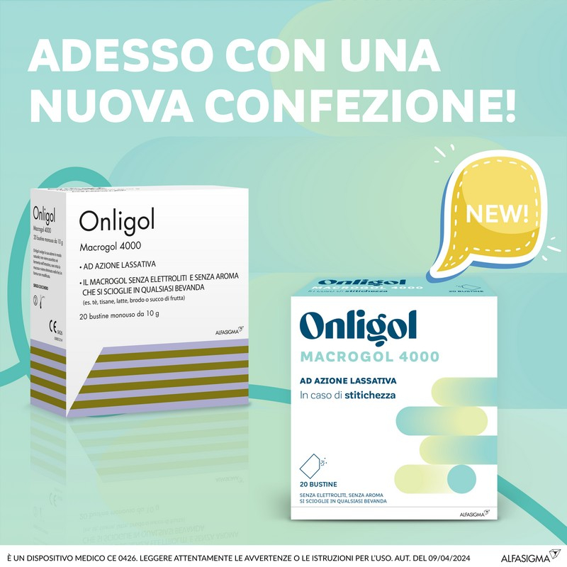 Onligol - Lassativo a base di Macrogol 4000 - senza elettroliti - lassativi in polvere utili in caso di stitichezza - 20 Bustine