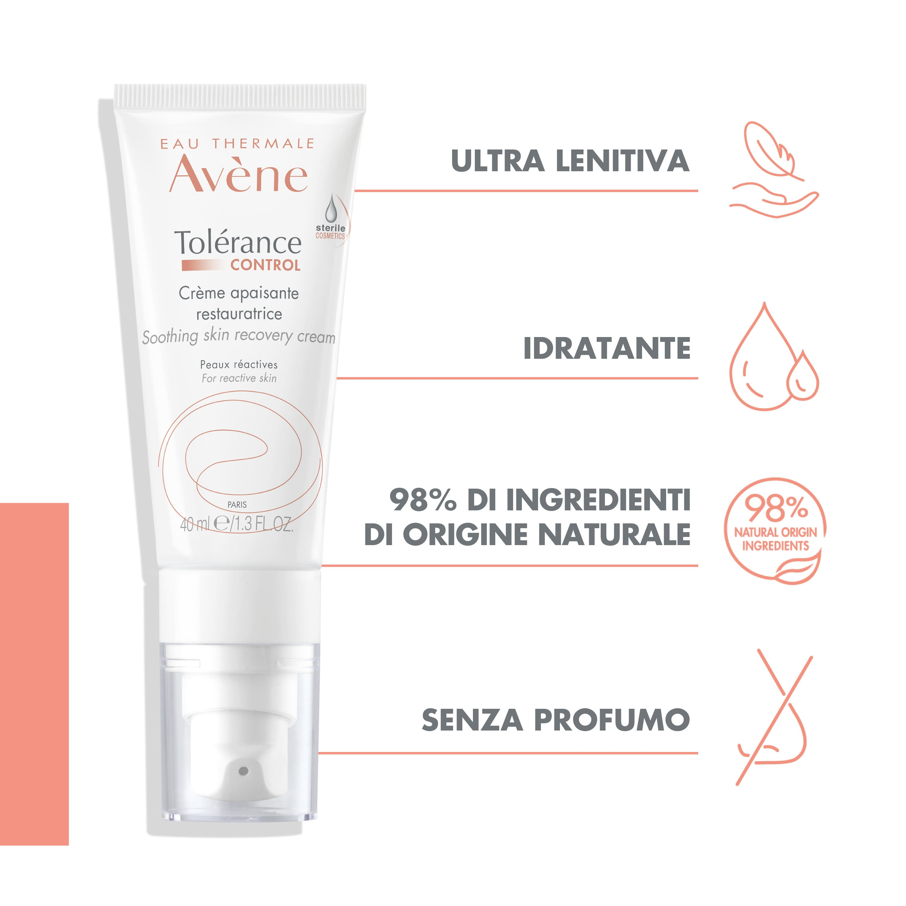 Eau Thermale Avène Tolérance Control Crema Lenitiva Riequilibrante, Lenisce la pelle in 30 secondi, Pelle Ipersensibile, reattiva, intollerante o a tendenza allergica, 40ml 
