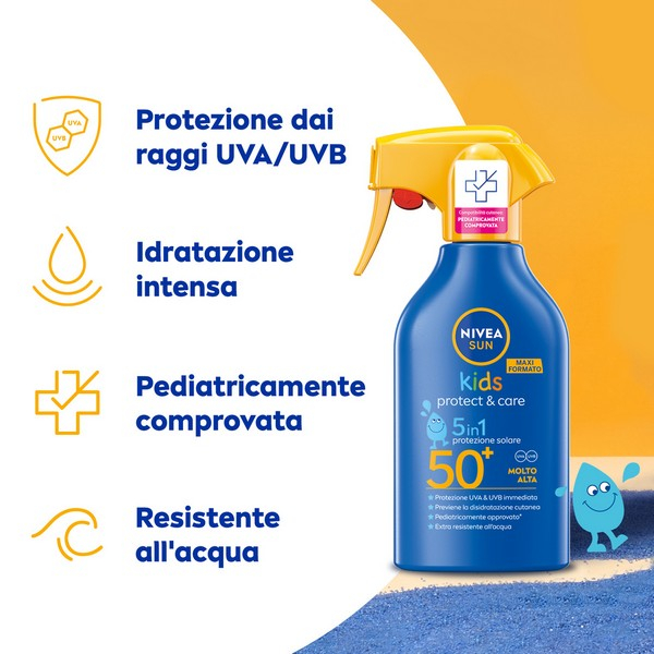 Nivea Sun Spray Solare Kids Protect & Care FP50+ 270 ml, Crema solare per bambini waterproof