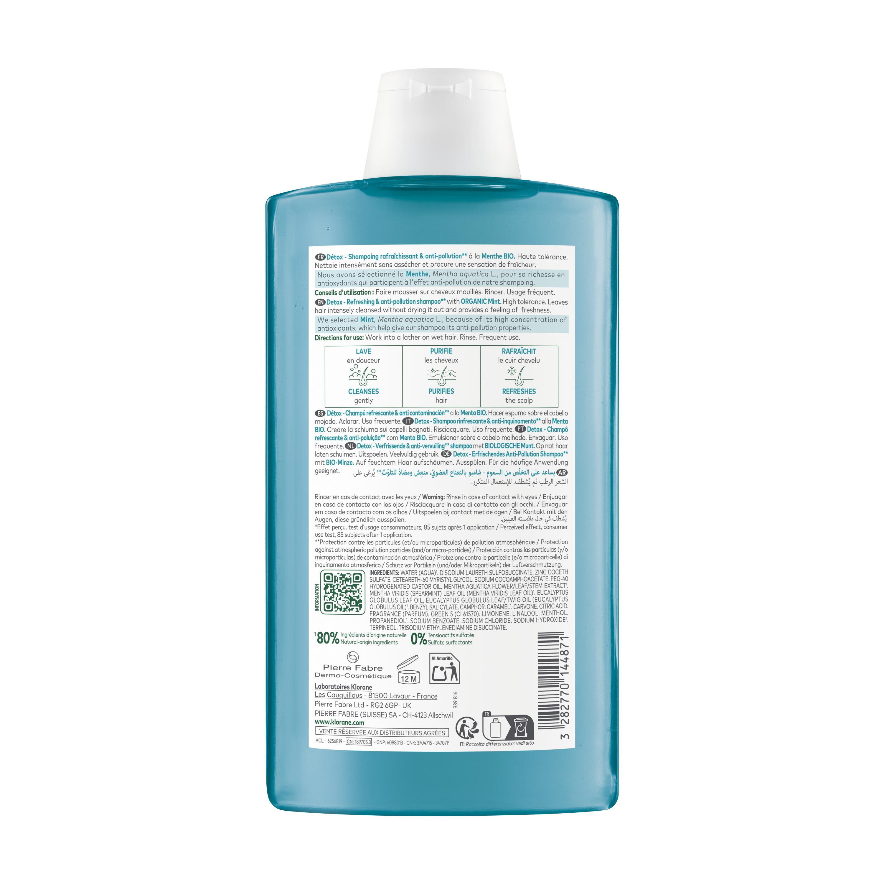 Klorane - Shampoo Rinfrescante & Anti-Inquinamento Alla Menta Bio Per Capelli Normali 400 ml