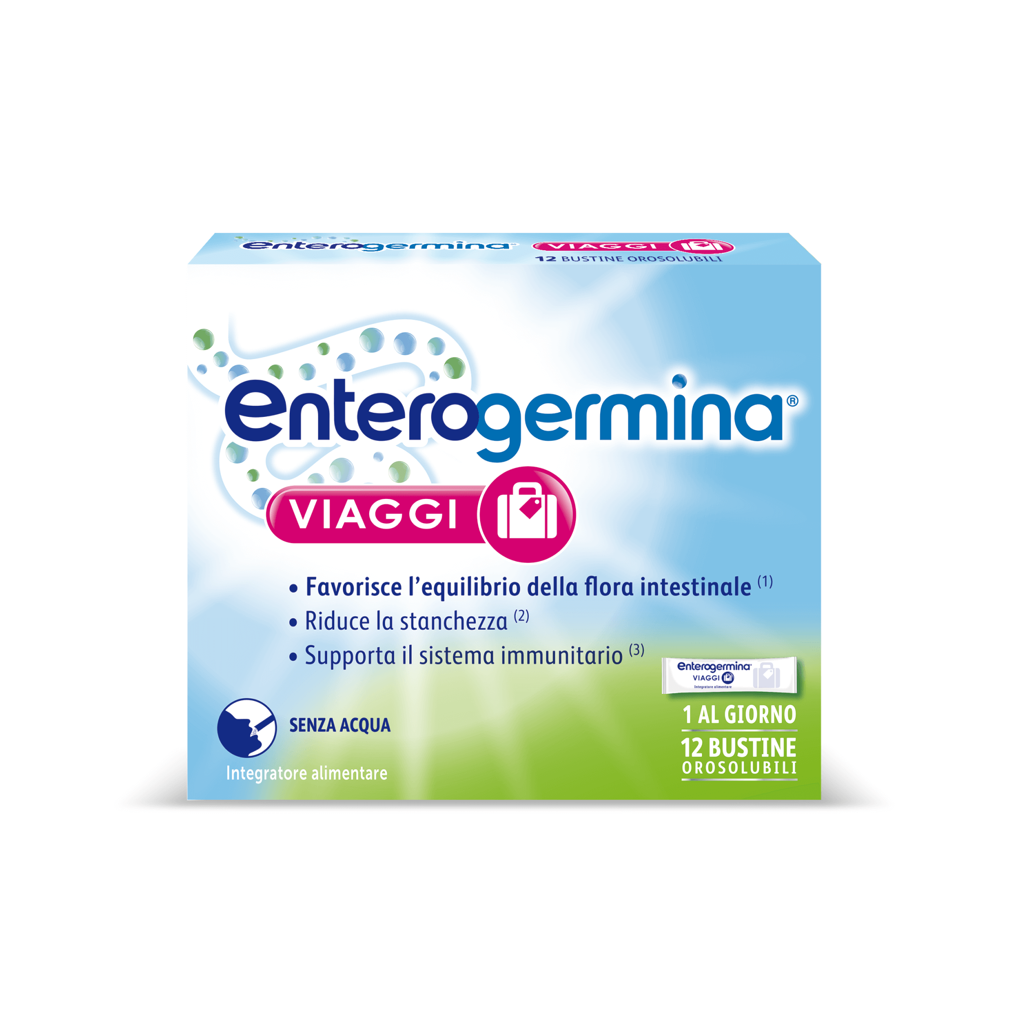 Enterogermina Viaggi, Integratore Alimentare per Regolarità Intestinale con Probiotici e Vitamina A, B12, B6, B9 e Vitamina D, con edulcorante, Gusto Fragola - 12 BUSTINE
