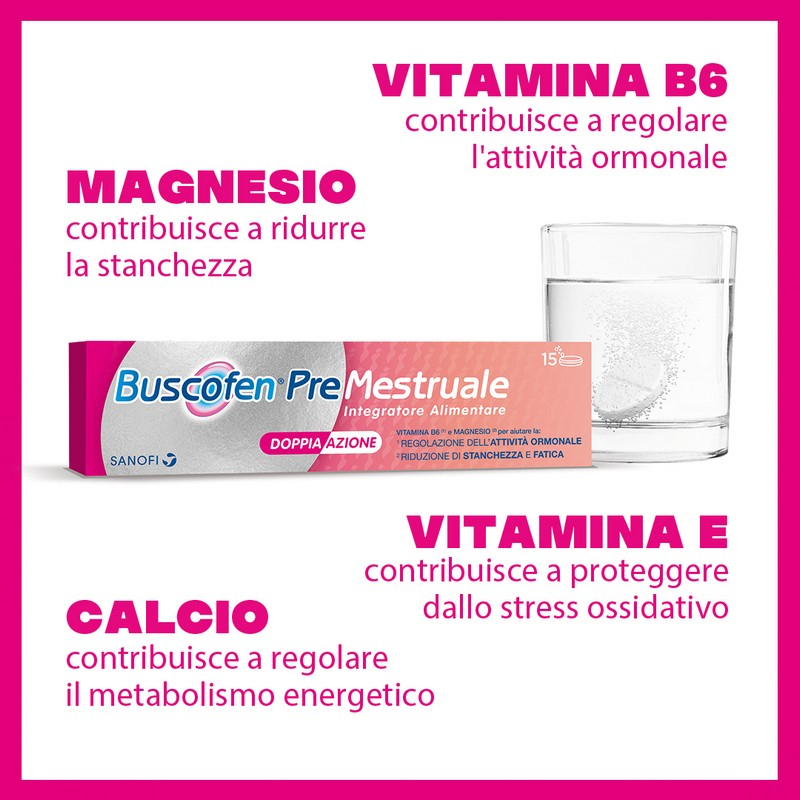Buscofen Premestruale Integratore Alimentare - a Base Di Magnesio, Vitamina B6, Vitamina E e Calcio, per i Giorni Prima Del Ciclo 15 Compresse Effervescenti