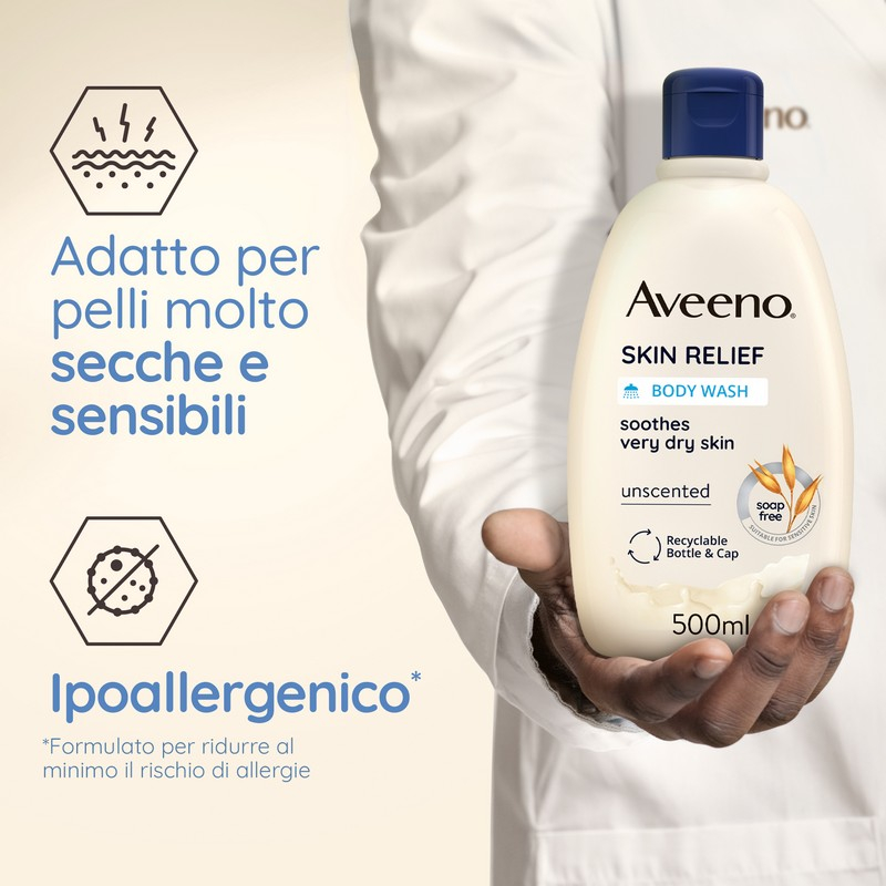 Aveeno Skin Relief Bagnodoccia Idratante per Pelle Molto Secca e Sensibile, Ipoallergenico, Bagnoschiuma Senza Profumo e Senza Sapone, Formula Vegana 500 ml