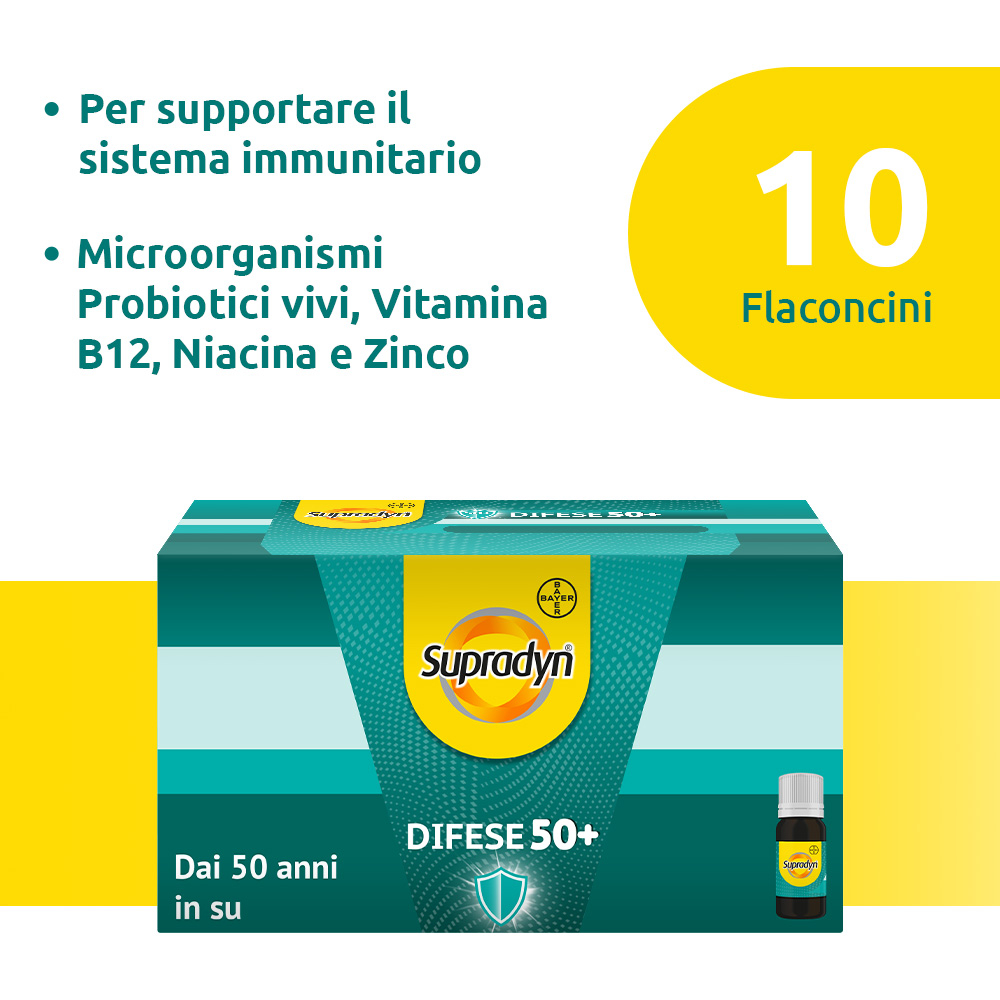Supradyn Difese 50+ Integratore Multivitaminico  con Vitamina B12, Zinco, Niacina e Probiotici, per il Sistema Immunitario, Gusto Caramello, 10 Flaconcini da 10 ml