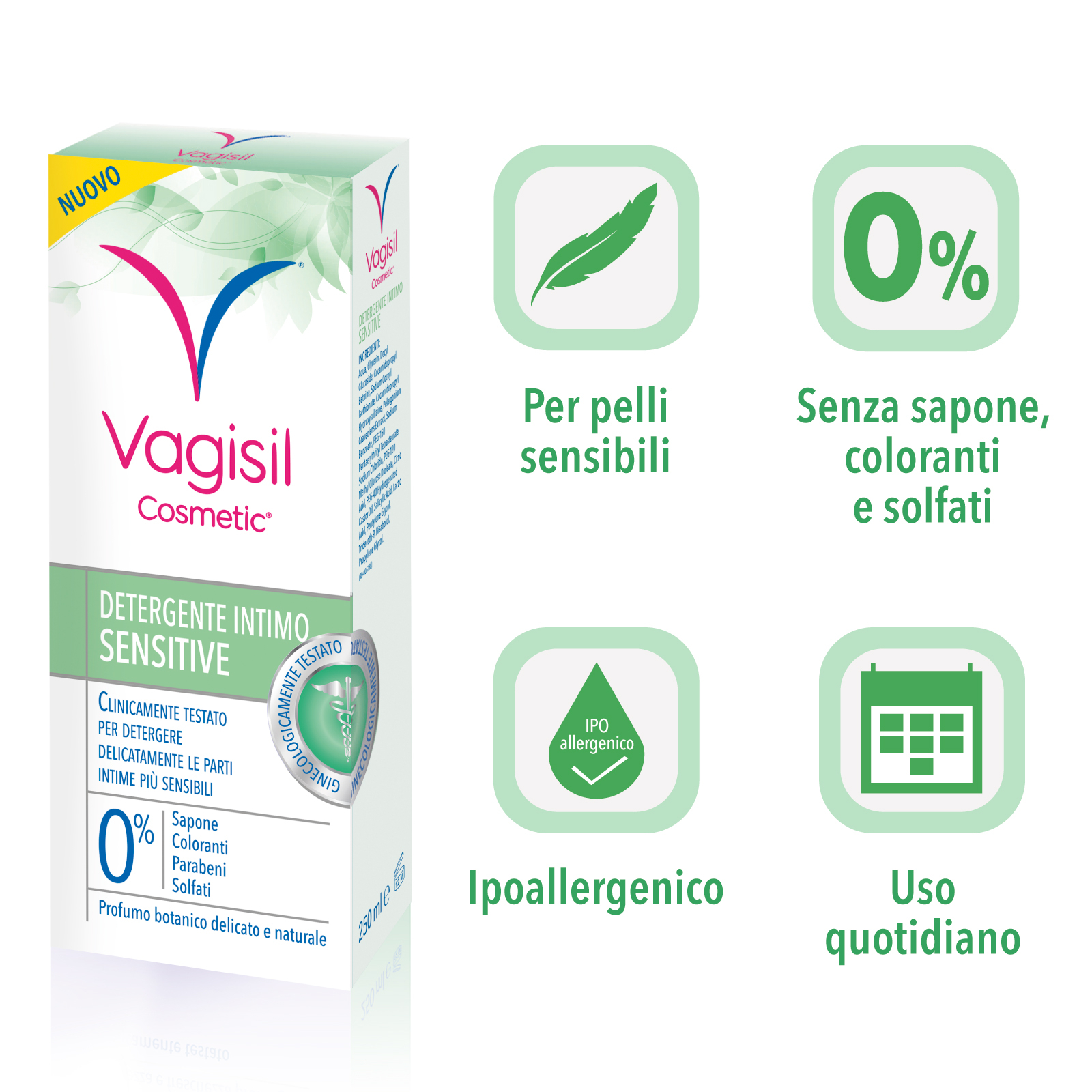 Vagisil Detergente Sensitive, Per l'Igiene Intima Quotidiana, Extra Delicato Per Pelle Sensibile, Senza Sapone. 250ml