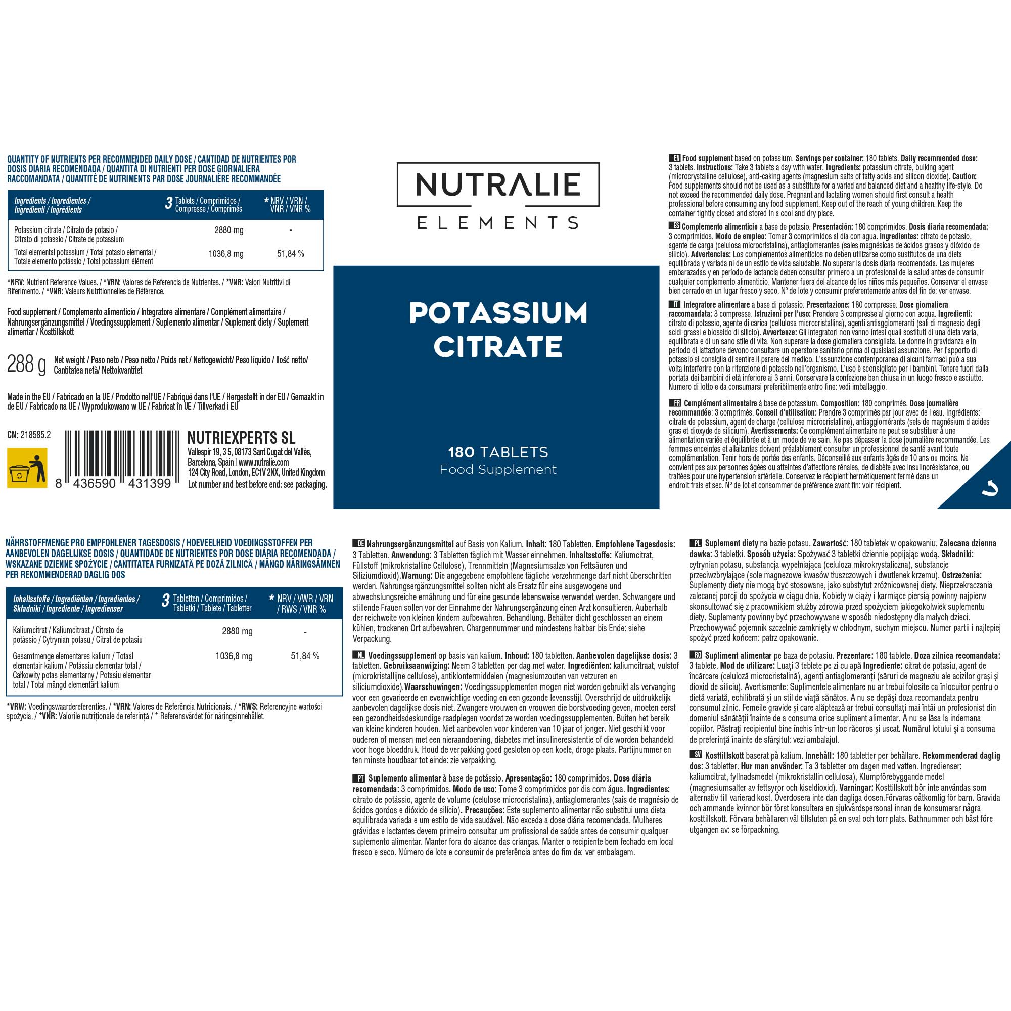Nutralie Potassio Citrato 180 Compresse - Integratore Per La Funzione Muscolare