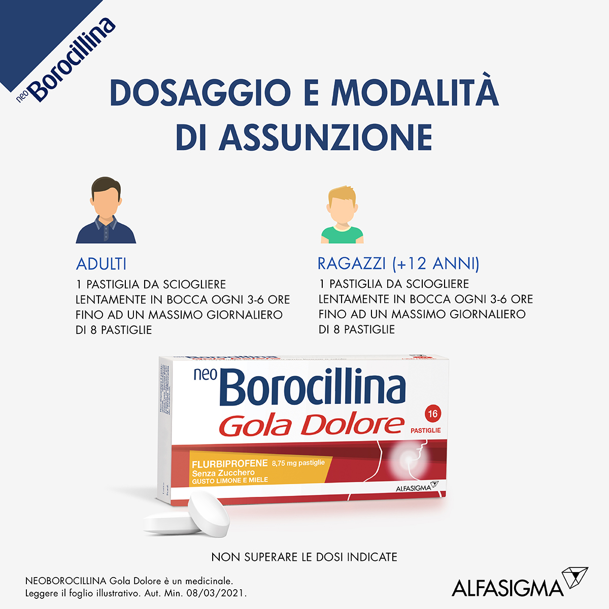 Neo Borocillina Gola Dolore 8,75 mg Limone e Miele Senza Zucchero 16 Pastiglie