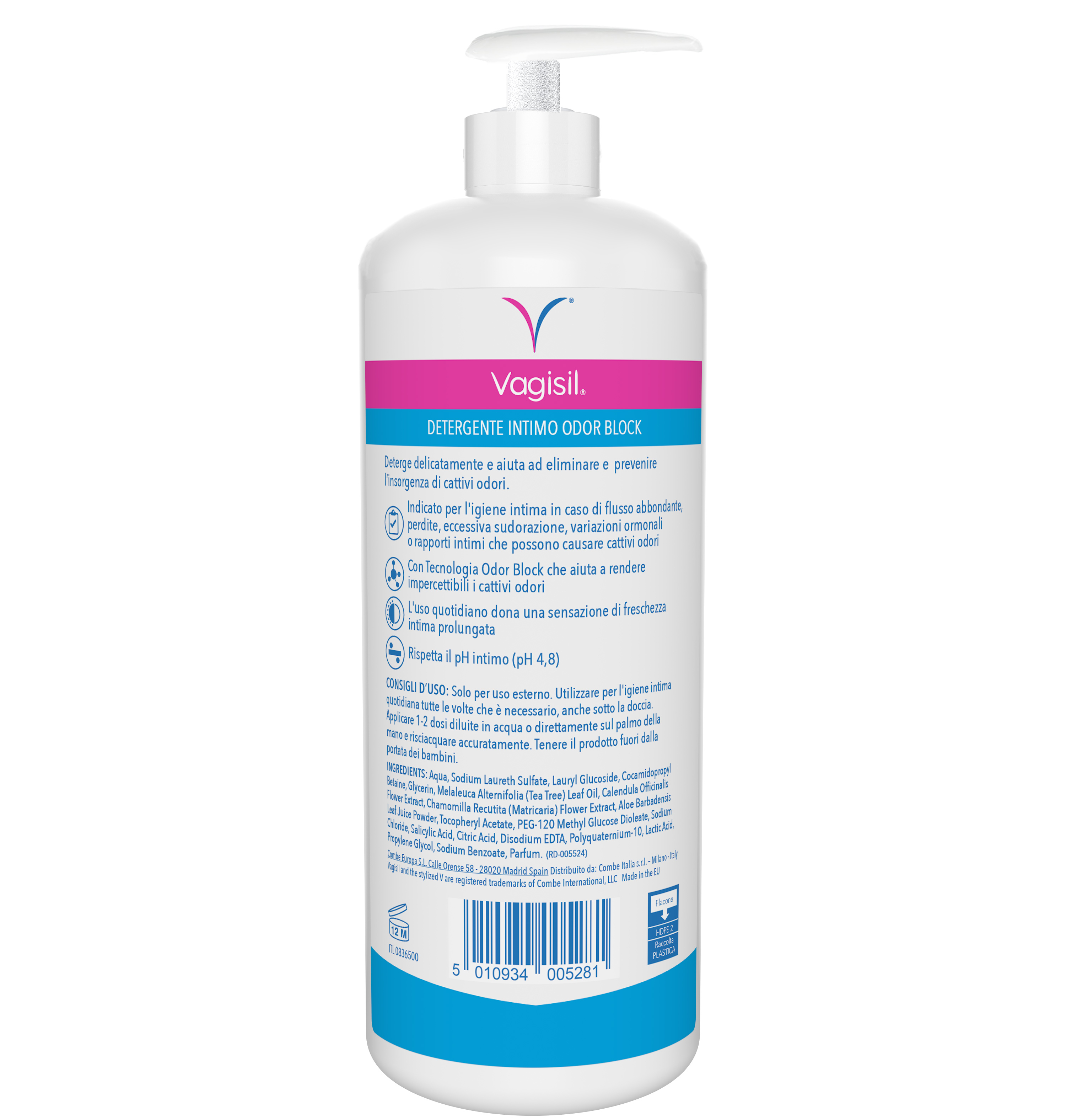 Vagisil Detergente Odor Block Per l'Igiene Intima Quotidiana, Rinfrescante. Con Aloe Vera. 24h di Protezione Dagli Odori. 500ml