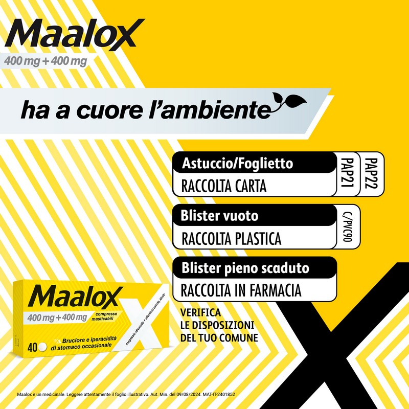 Maalox 400+400 MG, contro acidità di stomaco occasionale, 40 cpr