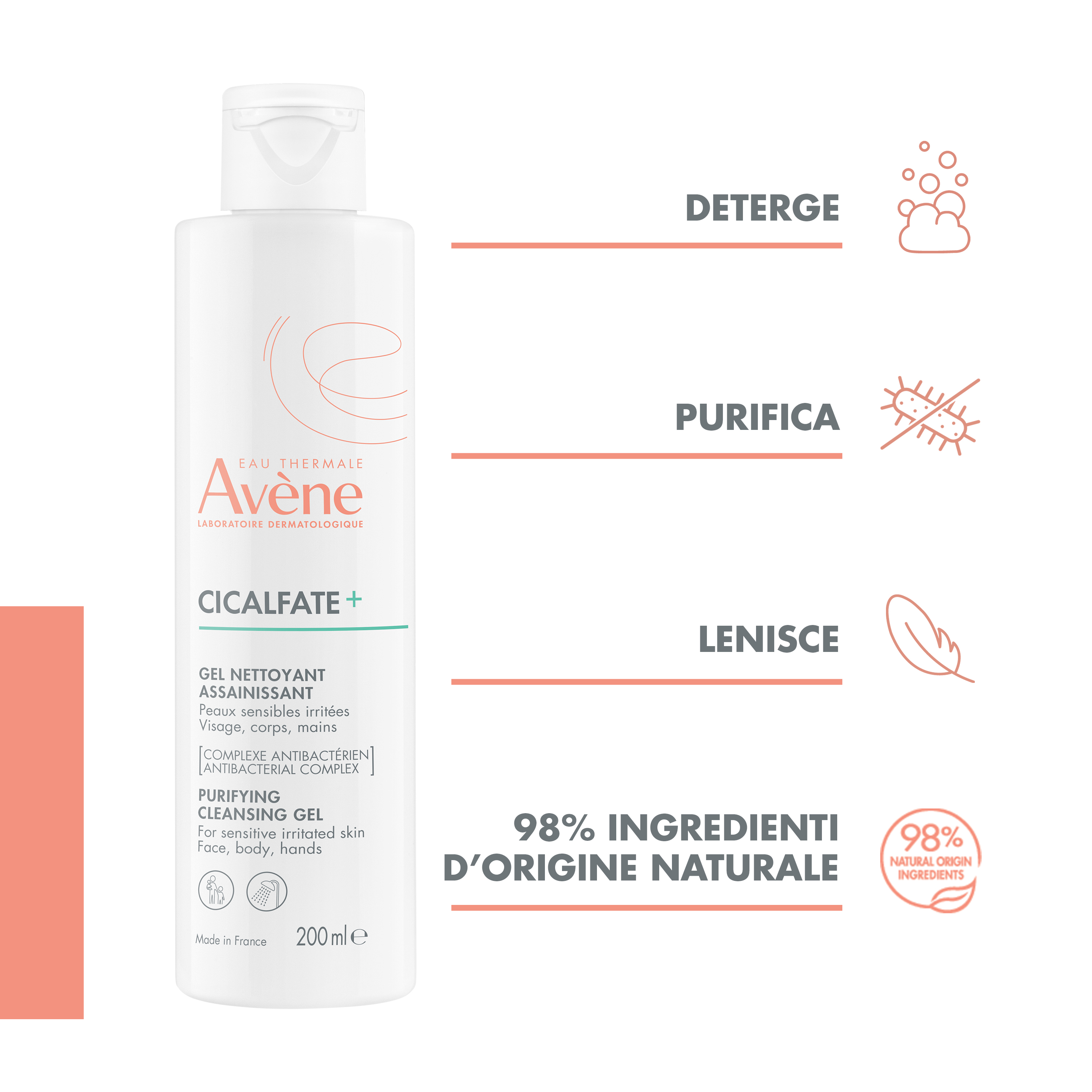 Eau Thermale Avène Cicalfate+ Gel Doccia Detergente Purificante, lenisce e purifica la pelle irritata, viso, corpo, zone intime esterne, mani e cuoio capelluto, con Rame e Zinco, 200ml